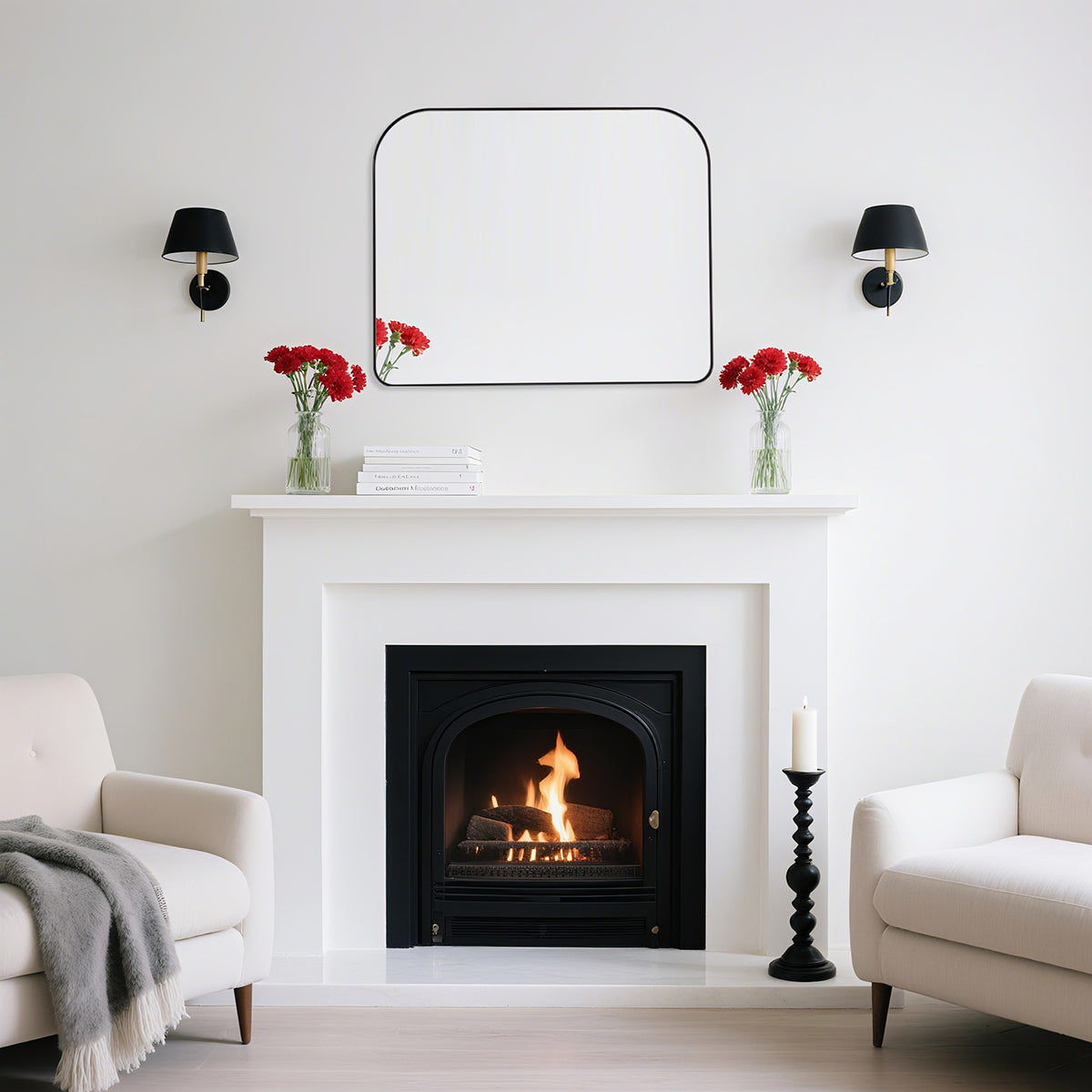 Modern Mantel Wide Arch Rectangle Bathroom Vanity  Mirror | Stainless Steel Frame