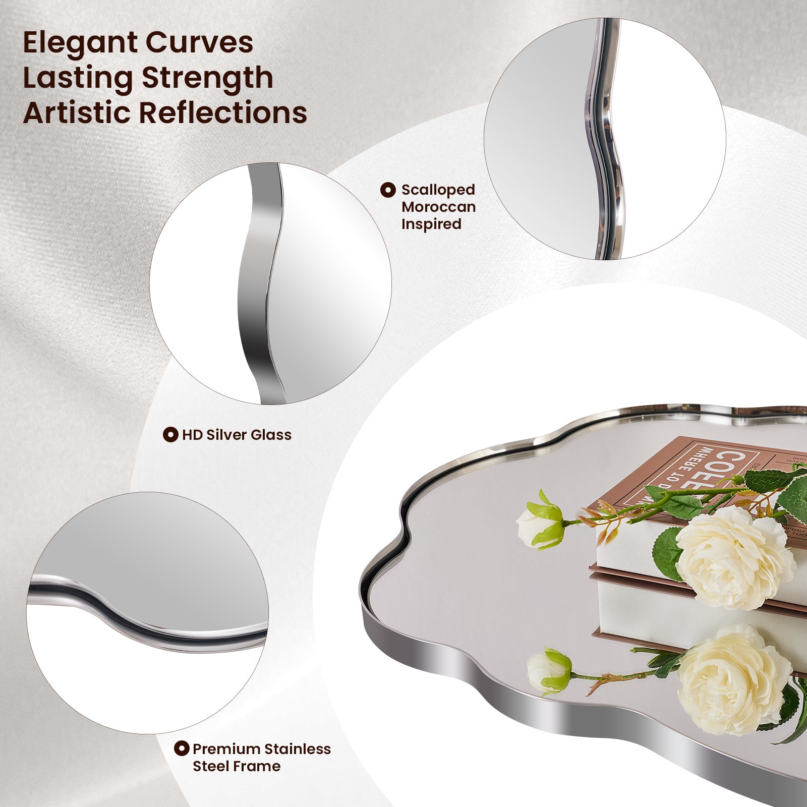 Contemporary Wavy Oval Scalloped Bathroom Vanity Mirror  Irregular Decorative Mirror| Stainless Steel Framed