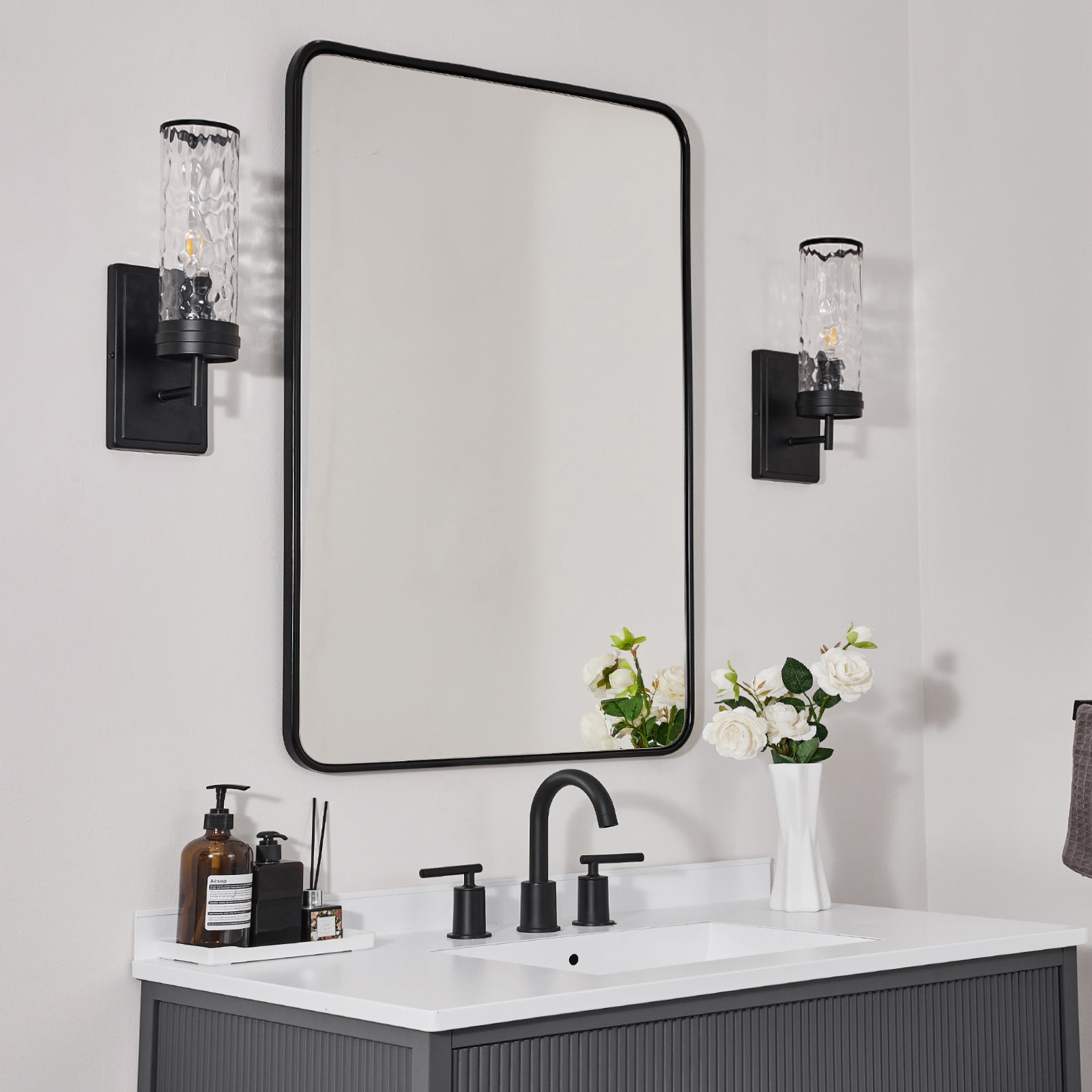 Modern Rounded Rectangular Bathroom Mirrors| U-Shaped Tube Stainless Steel Frame