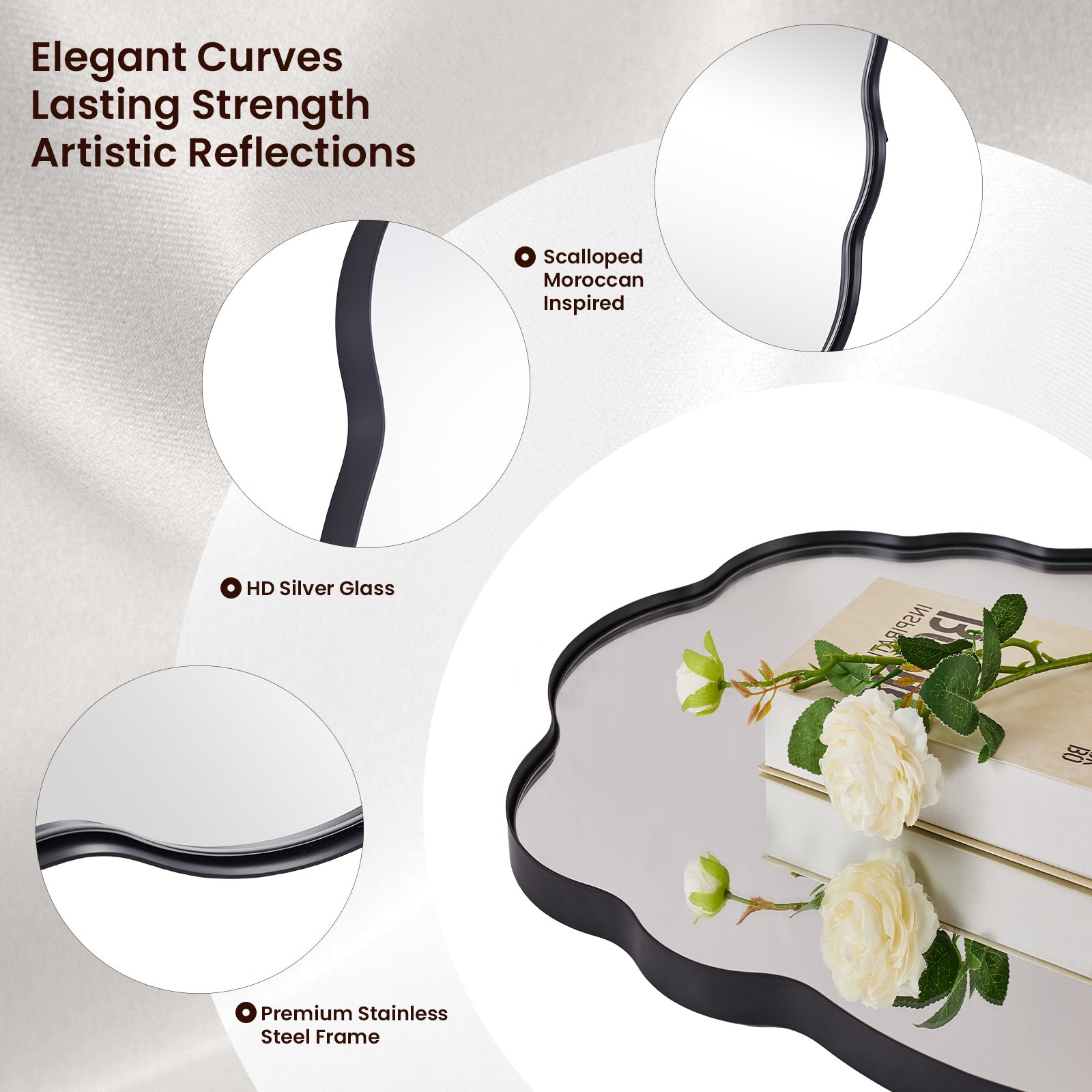 Contemporary Wavy Oval Scalloped Bathroom Vanity Mirror  Irregular Decorative Mirror| Stainless Steel Framed