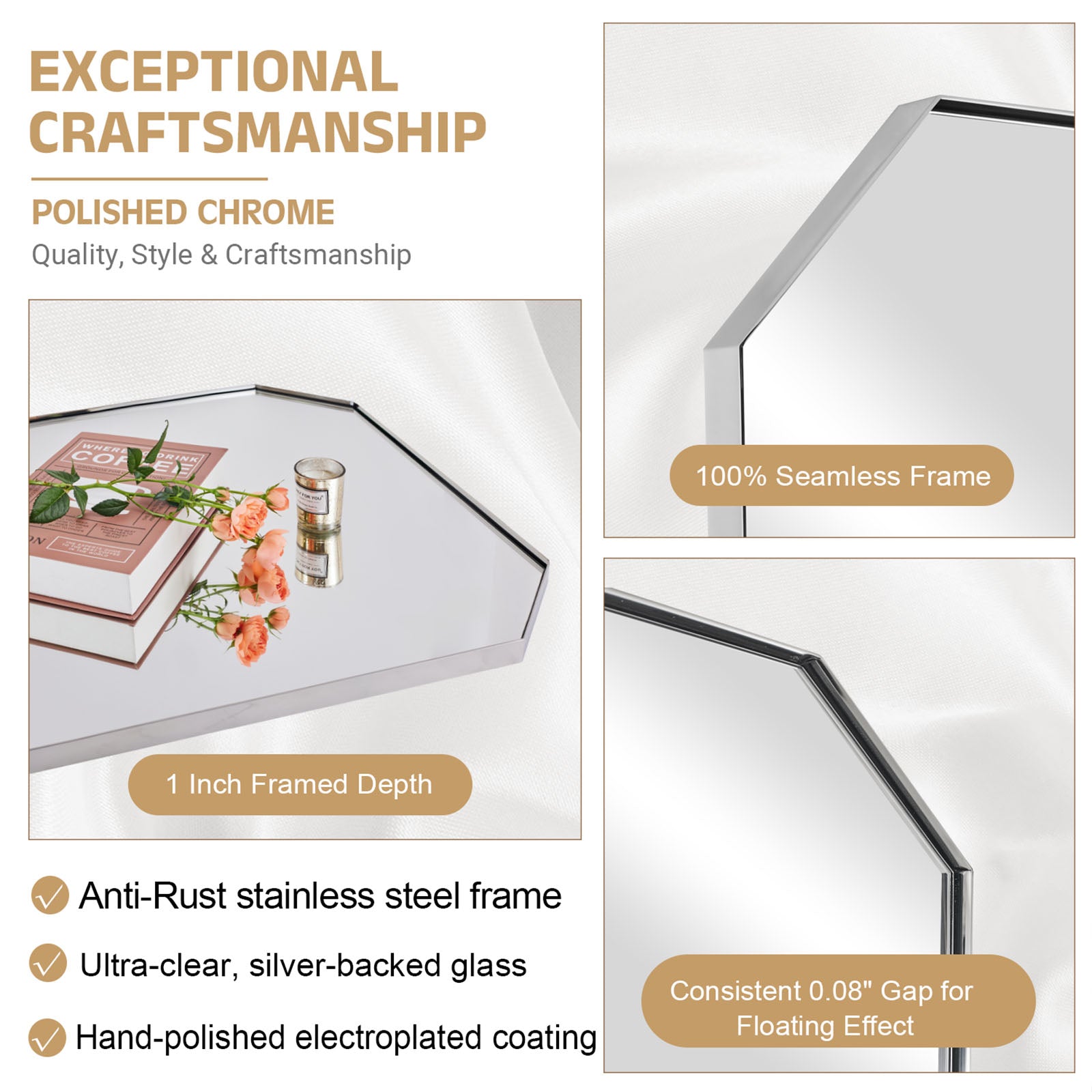Contemporary Cut Corner Octagonal Scalloped Rectangle Mirror for Bathroom  |Stainless Steel Frame