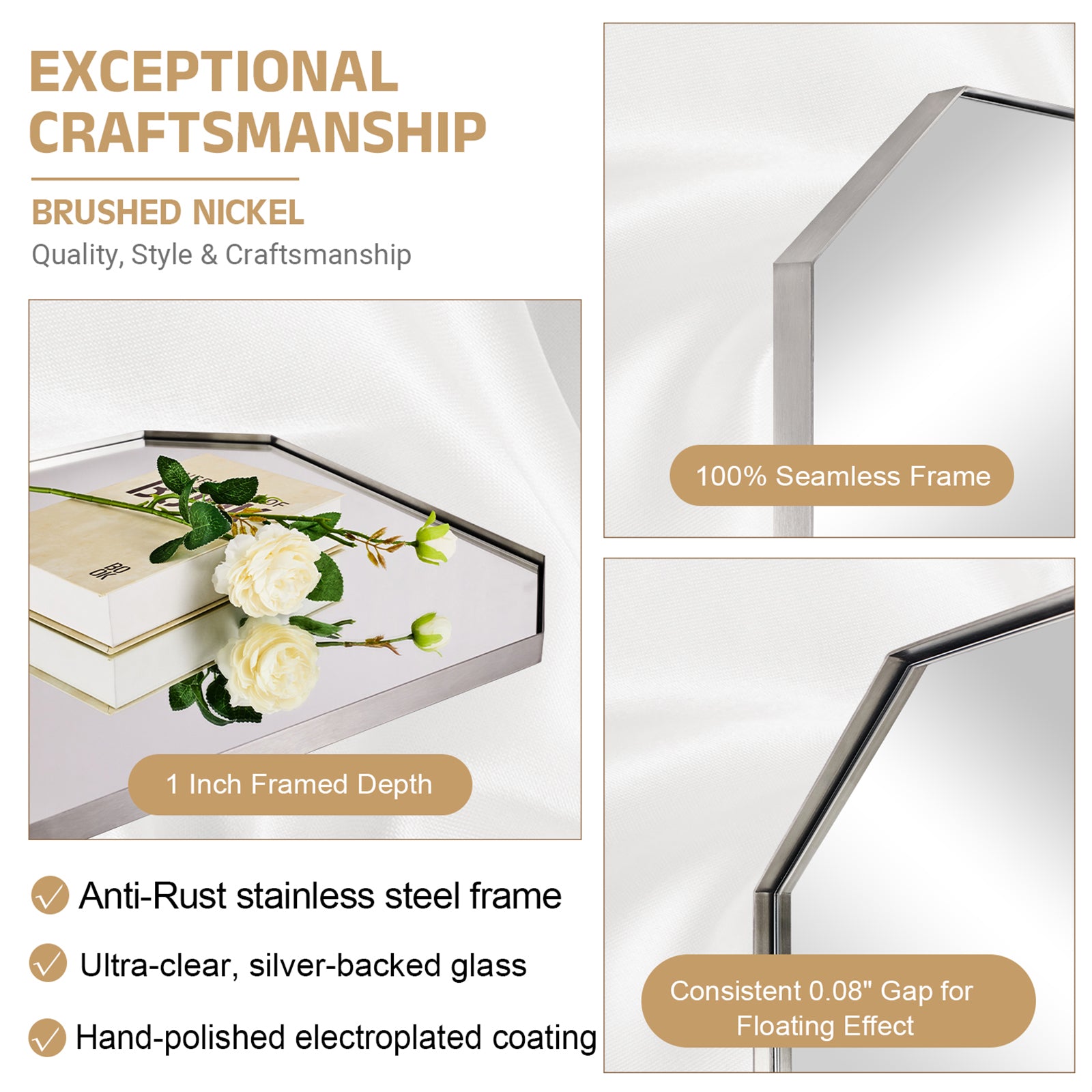 Contemporary Cut Corner Octagonal Scalloped Rectangle Mirror for Bathroom  |Stainless Steel Frame