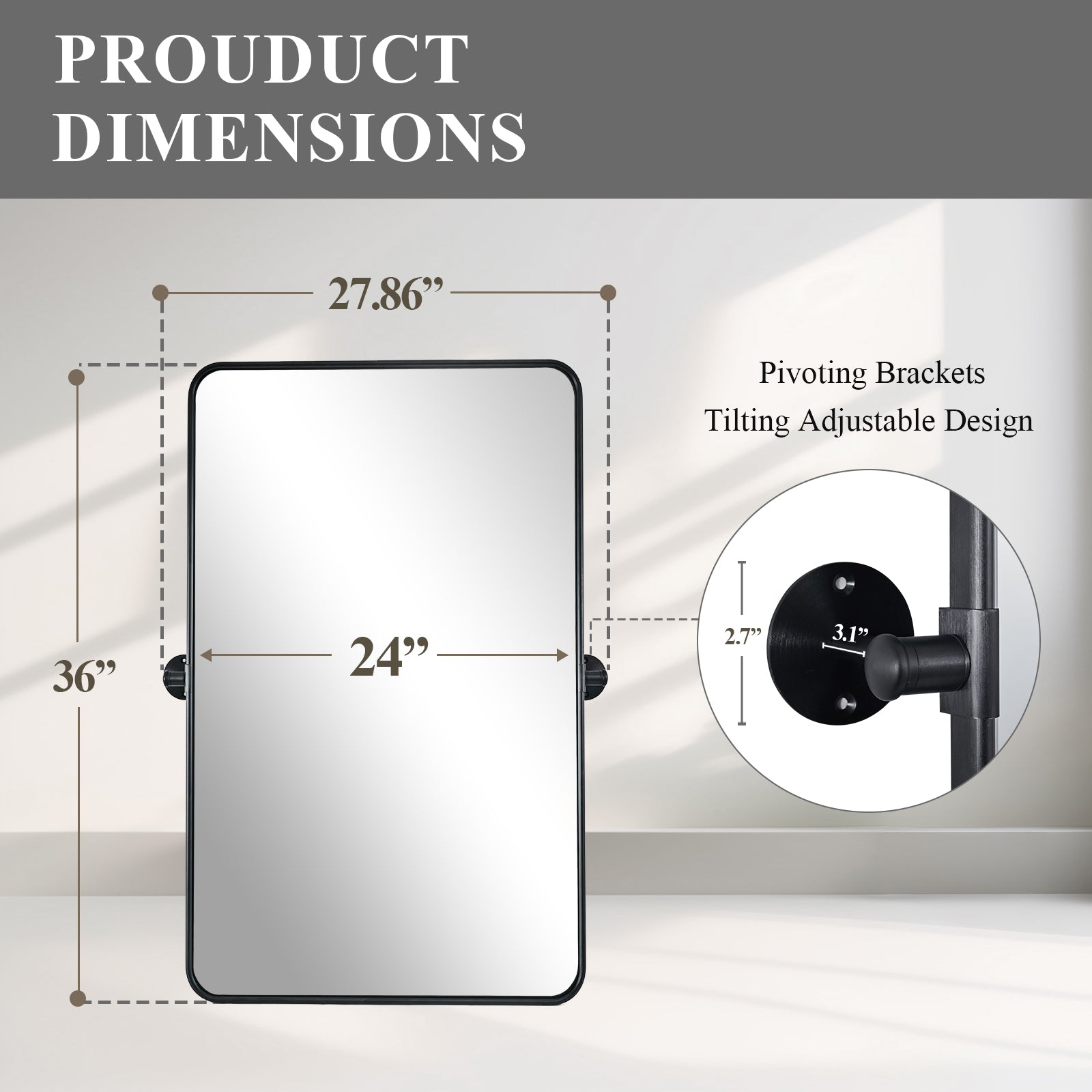 Modern Rectangle Pivot Mirror Adjustable Tilting Bathroom Mirror | Aluminum Frame