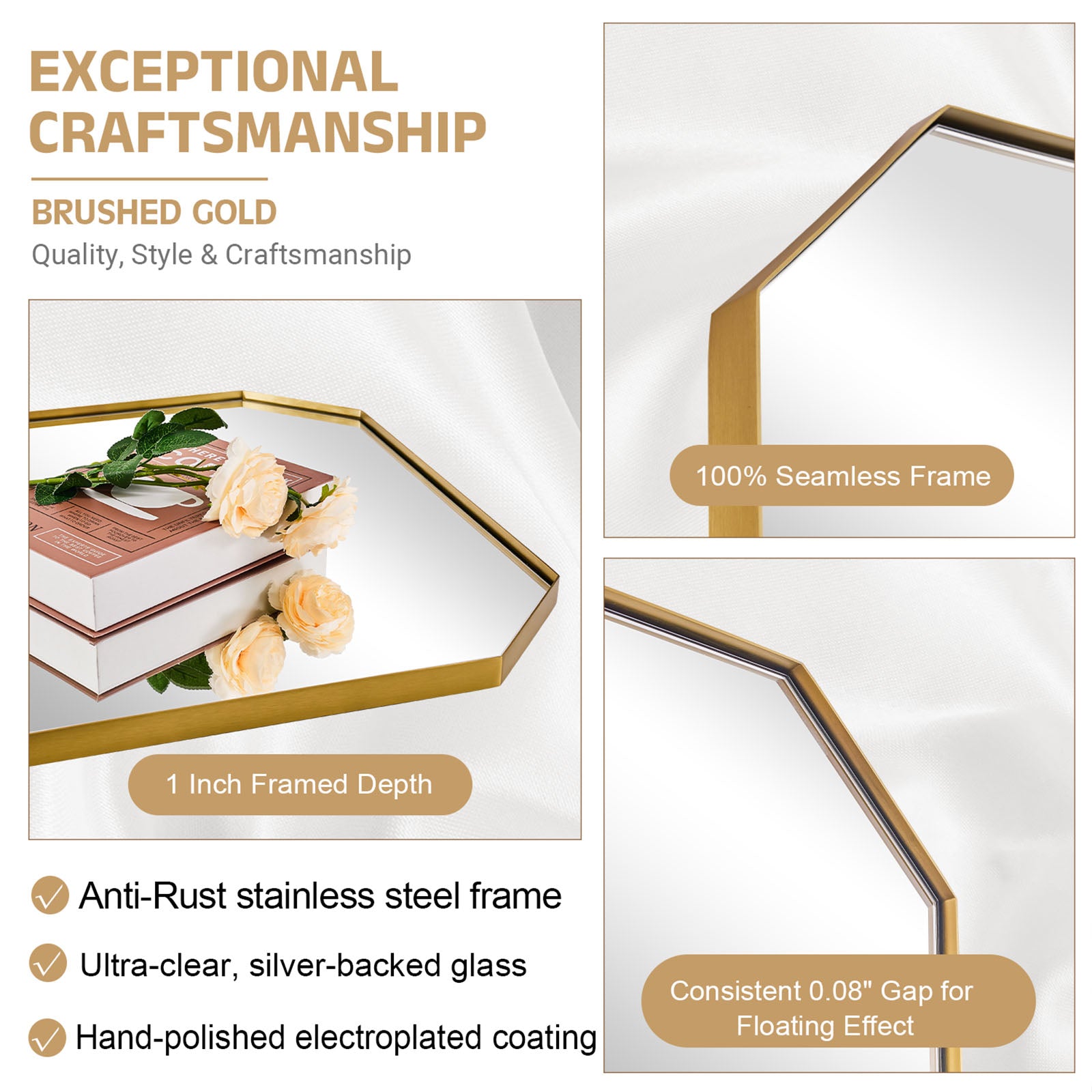 Contemporary Cut Corner Octagonal Scalloped Rectangle Mirror for Bathroom  |Stainless Steel Frame