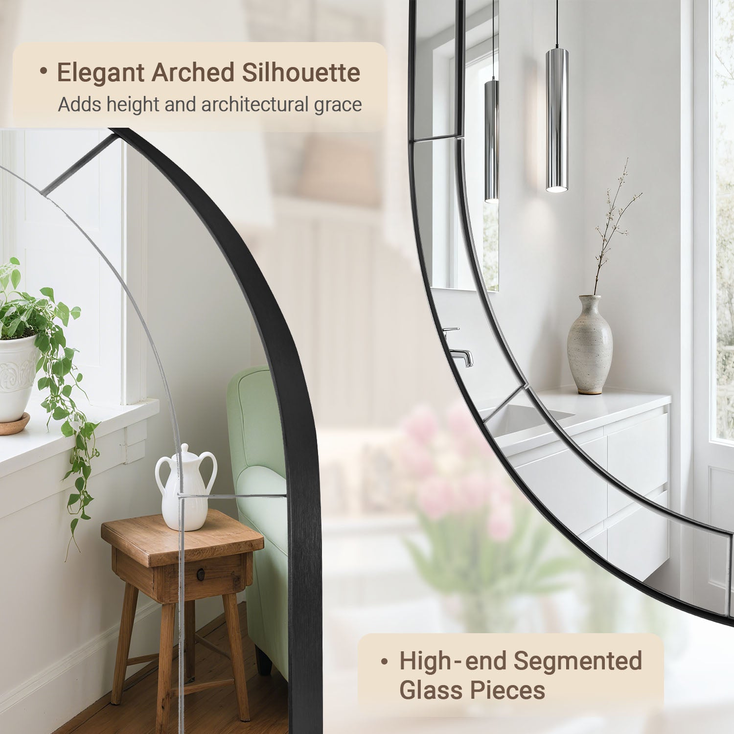 Minuette Glass Tile Edge Arched Mirror Bathroom Vanity Mirror | Stainless Steel Frame