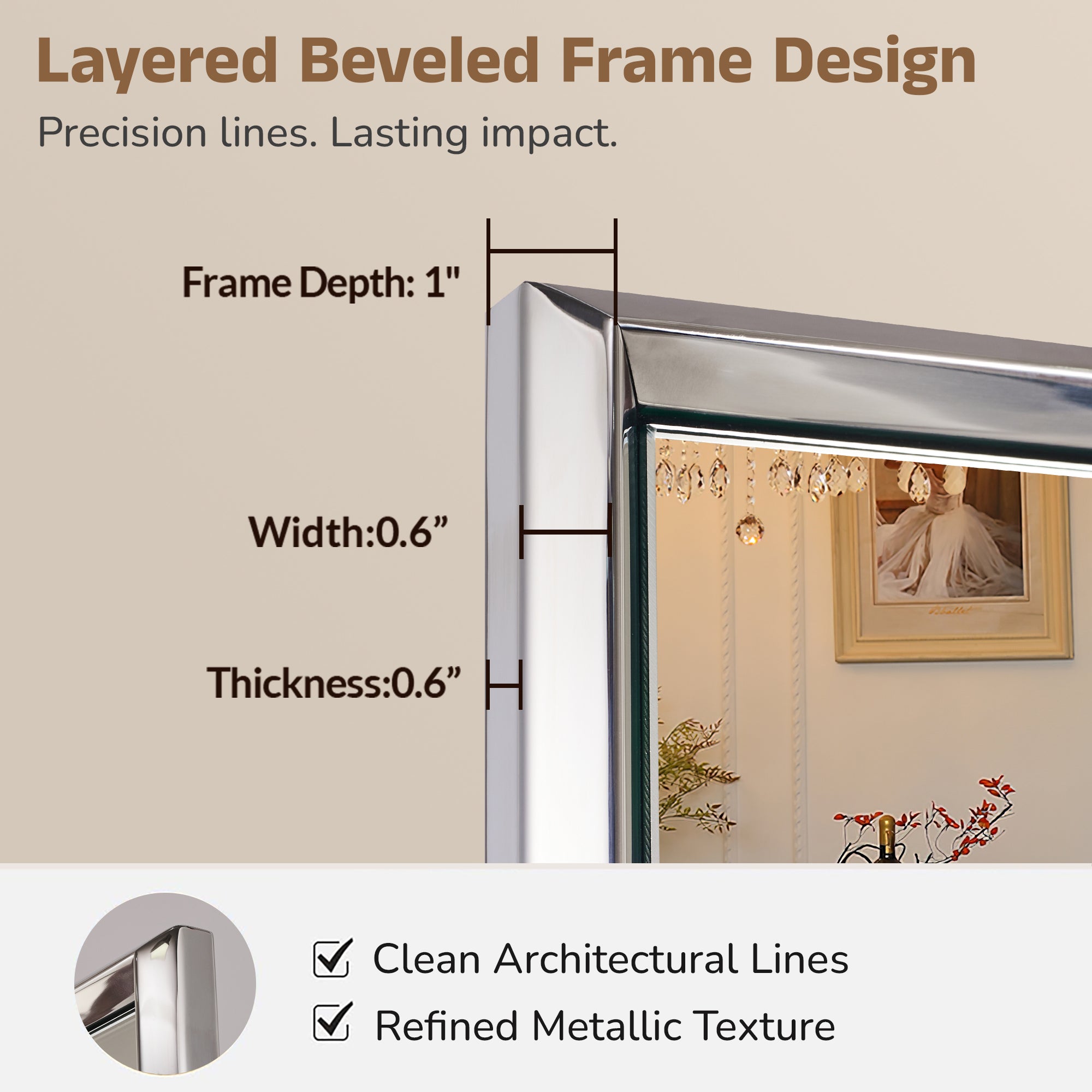 Luxury Beveled Stainless Steel Framed  Rectangular Bathroom Vanity Mirror