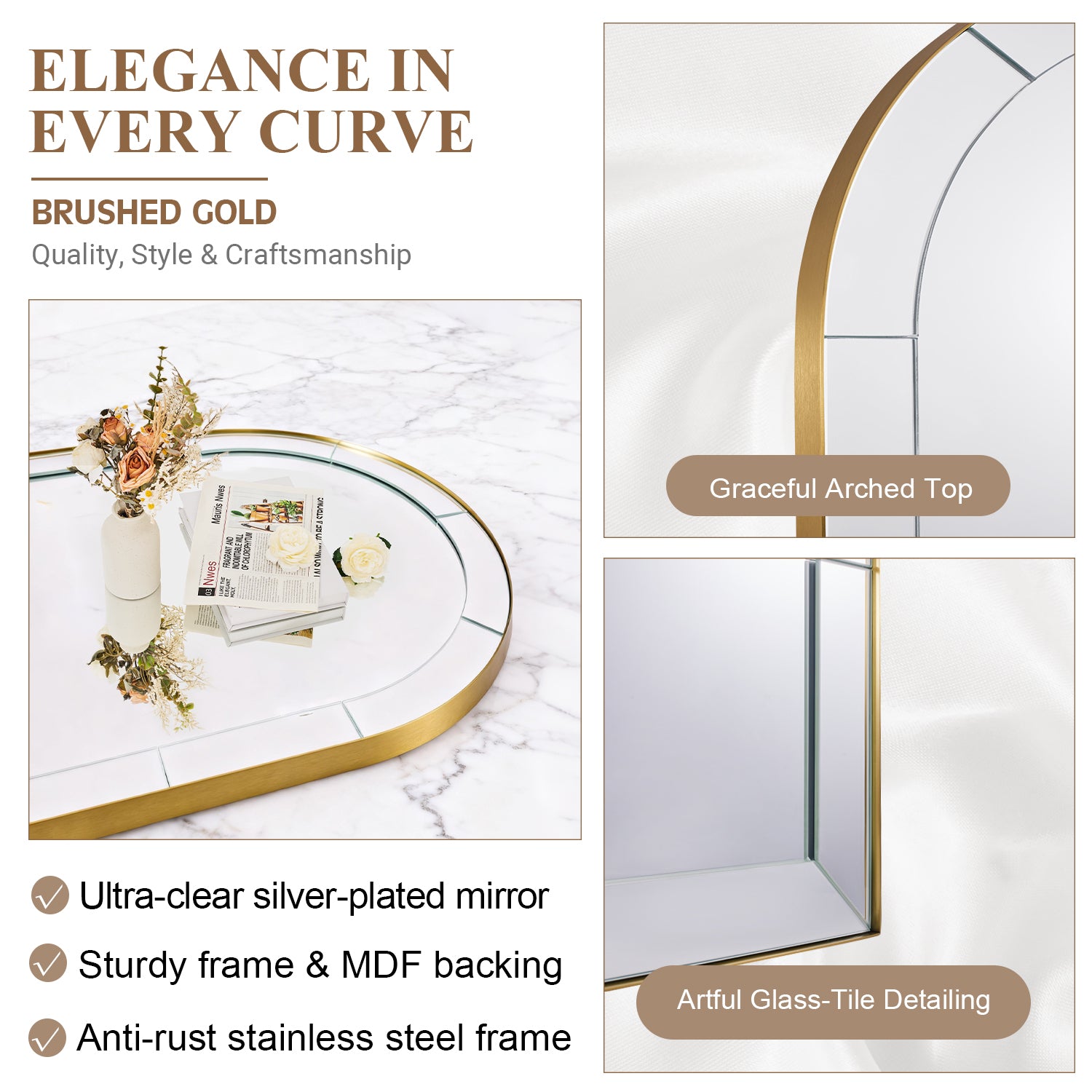 Minuette Glass Tile Edge Arched Mirror Bathroom Vanity Mirror | Stainless Steel Frame