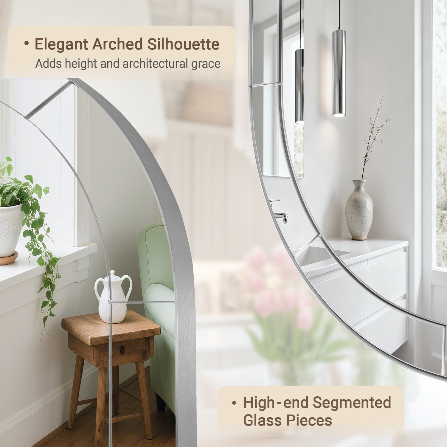 Minuette Glass Tile Edge Arched Mirror Bathroom Vanity Mirror | Stainless Steel Frame