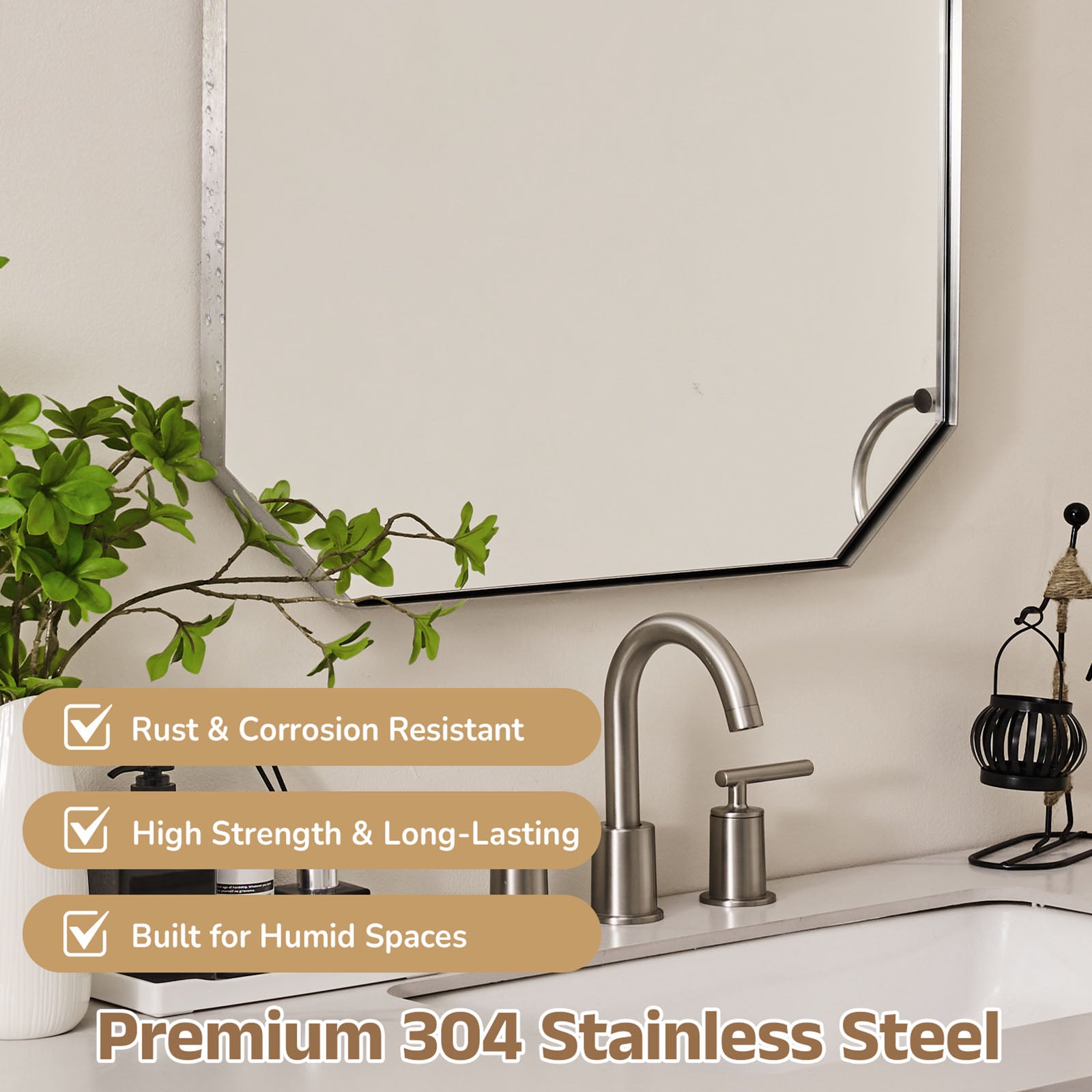 Contemporary Cut Corner Octagonal Scalloped Rectangle Mirror for Bathroom  |Stainless Steel Frame
