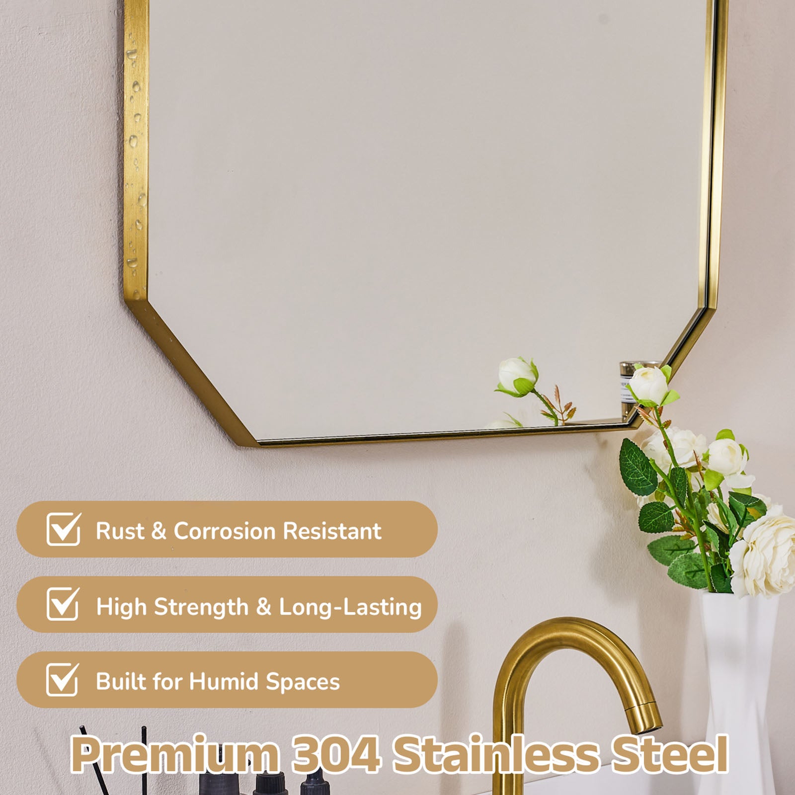 Contemporary Cut Corner Octagonal Scalloped Rectangle Mirror for Bathroom  |Stainless Steel Frame