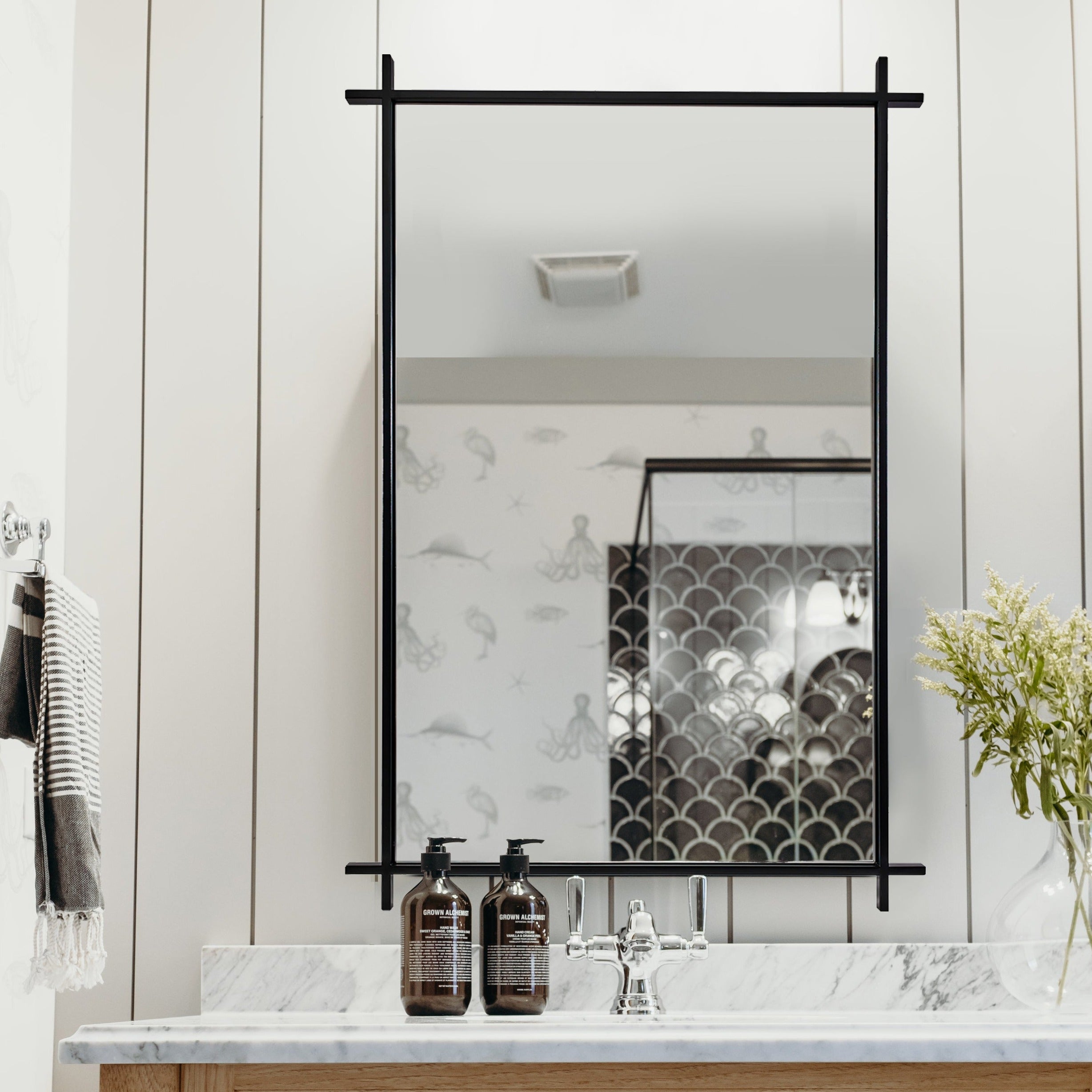 Industrial Cross Corner Iron Metal Rectangle Wall Mirror for Bathroom,Living Room