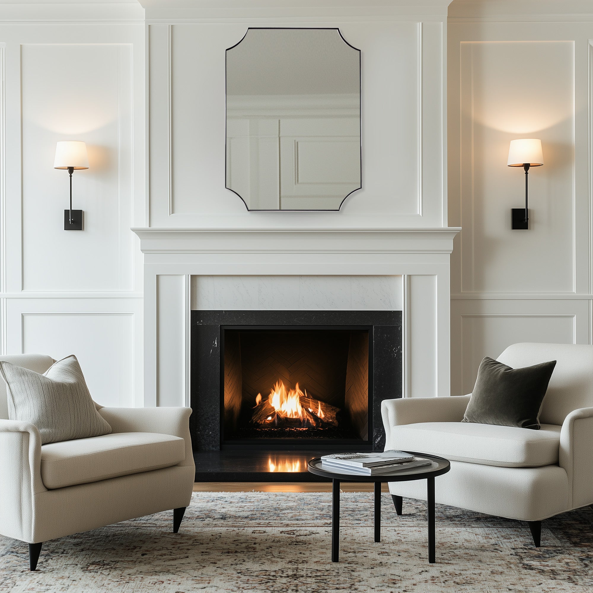 Contemporary Notched Corner Scalloped  Rectangle Bathroom Vanity Mirror | Stainless Steel Frame