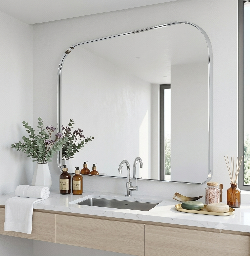 Modern Mantel Wide Arch Rectangle Bathroom Vanity  Mirror | Stainless Steel Frame