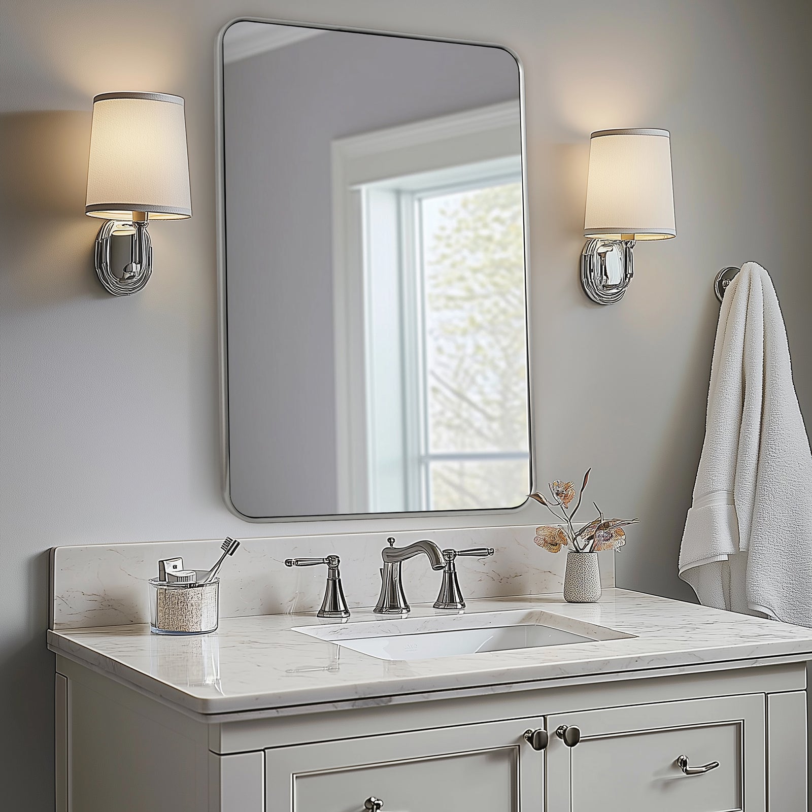 Modern Rounded Rectangular Bathroom Mirrors| U-Shaped Tube Stainless Steel Frame