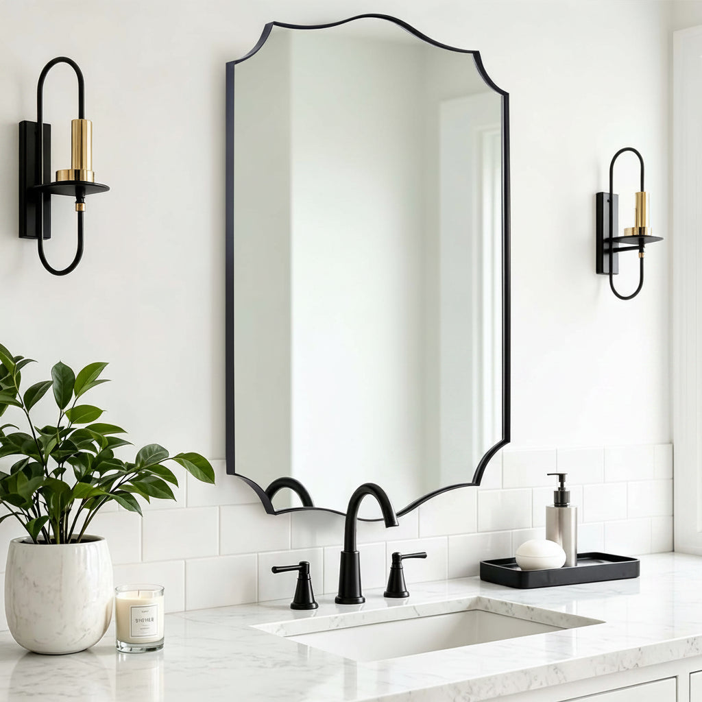 Traditional Rectangle Scalloped  Wall Mirror for Bathroom | Stainless Steel Frame