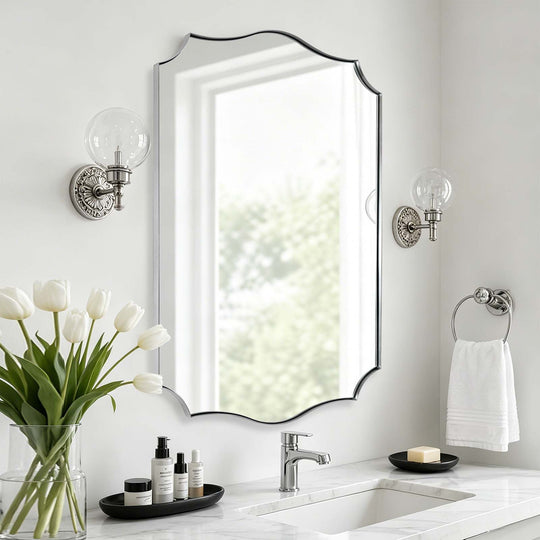 Traditional Rectangle Scalloped  Wall Mirror for Bathroom | Stainless Steel Frame