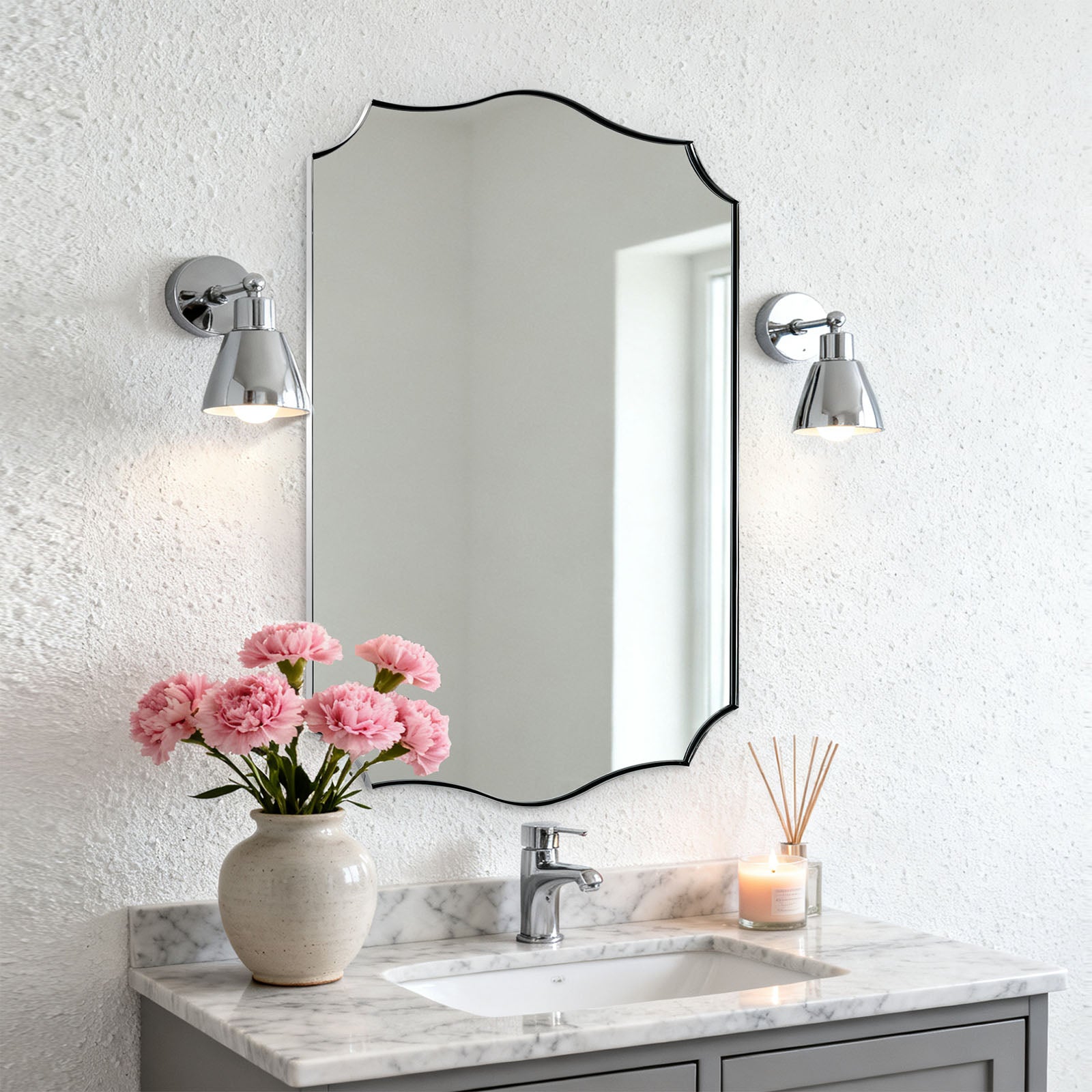 Traditional Rectangle Scalloped  Wall Mirror for Bathroom | Stainless Steel Frame