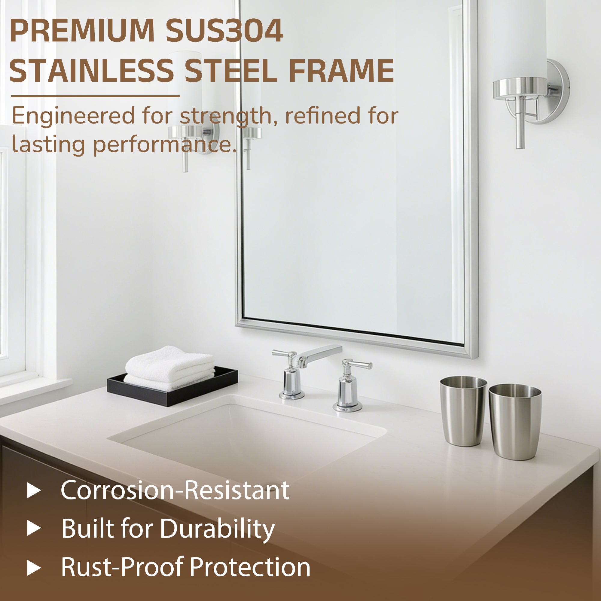 Luxury Beveled Stainless Steel Framed  Rectangular Bathroom Vanity Mirror