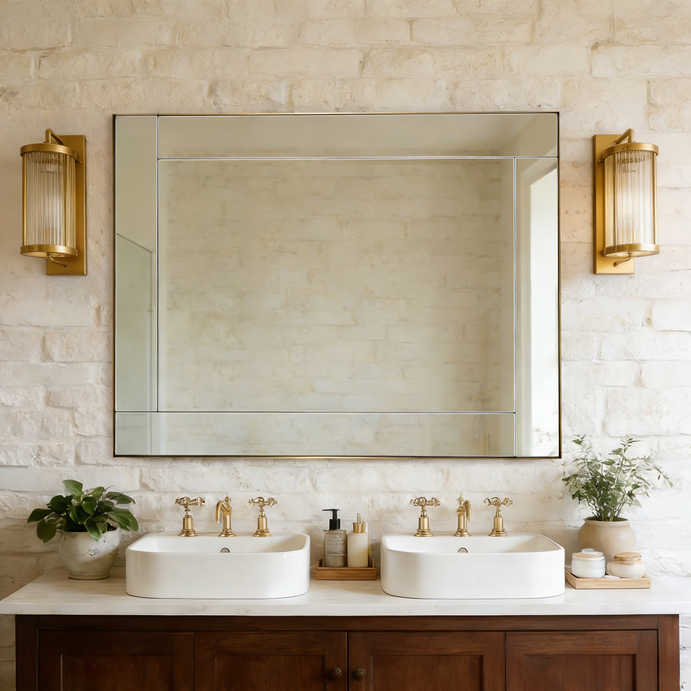 Contemporary Geometric Glass Tile Rectangular Bathroom Vanity Mirror | Stainless Steel Frame