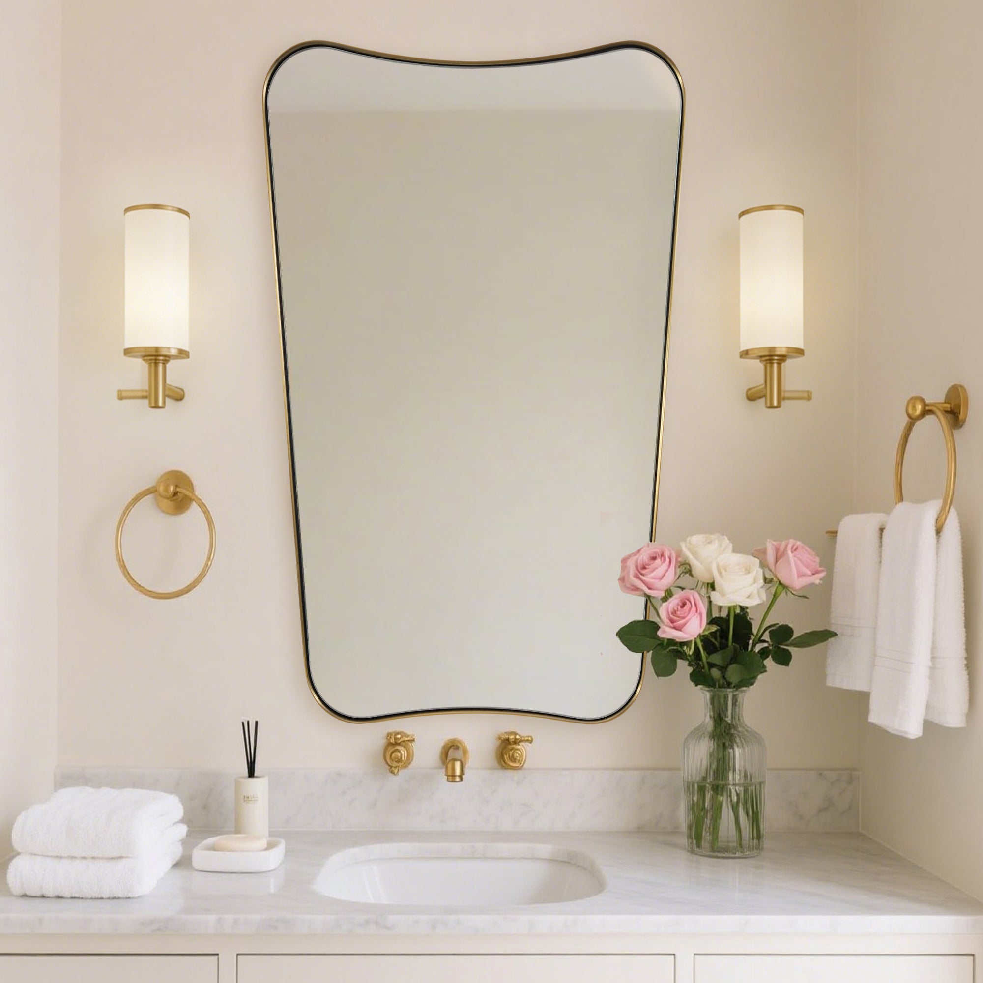Contemporary Concave Scalloped Irregular Wall Mirror for Bathroom  |Stainless Steel Frame