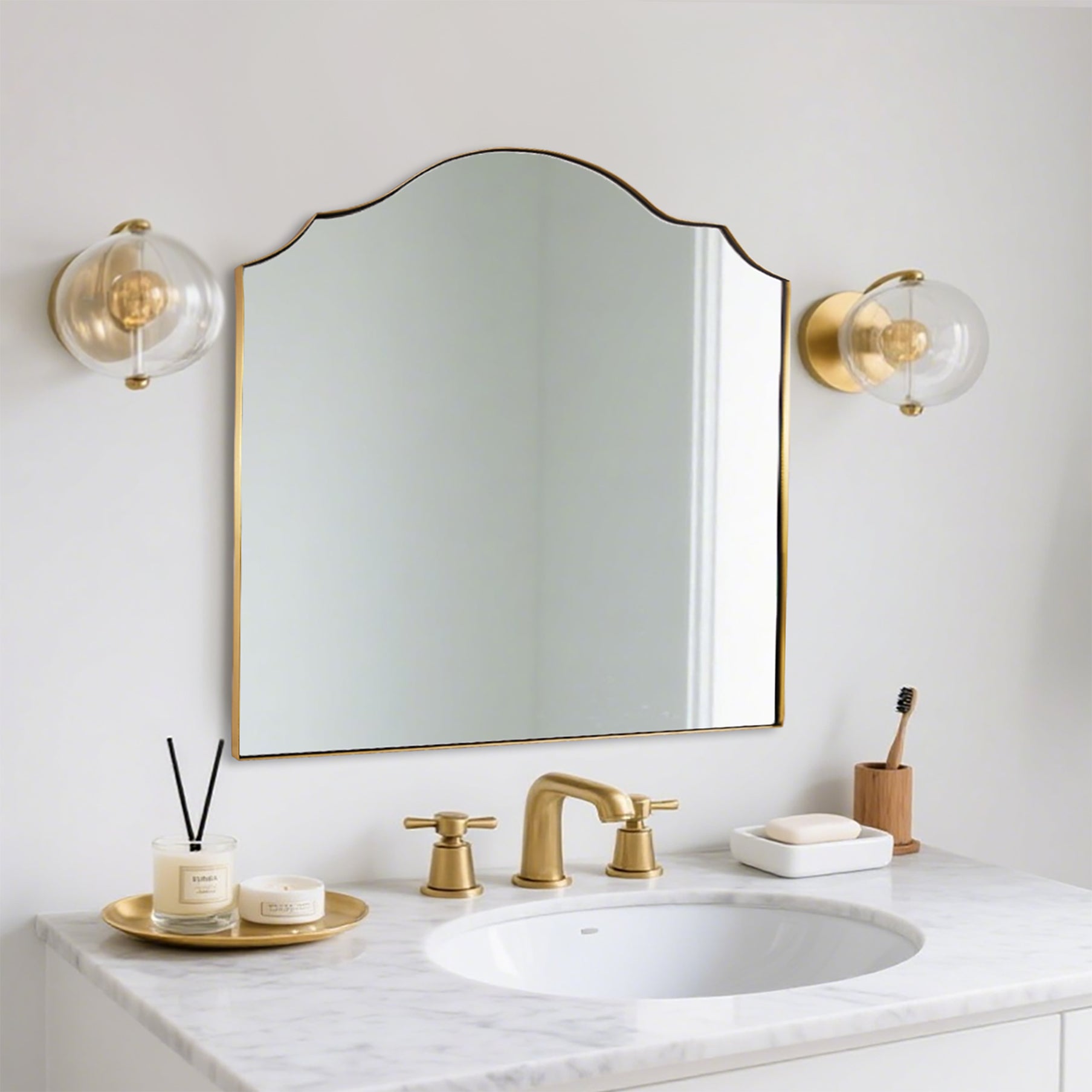 Contemporary Scalloped Arched Curved Mirror Bathroom Wall Mirror | Stainless Steel Frame