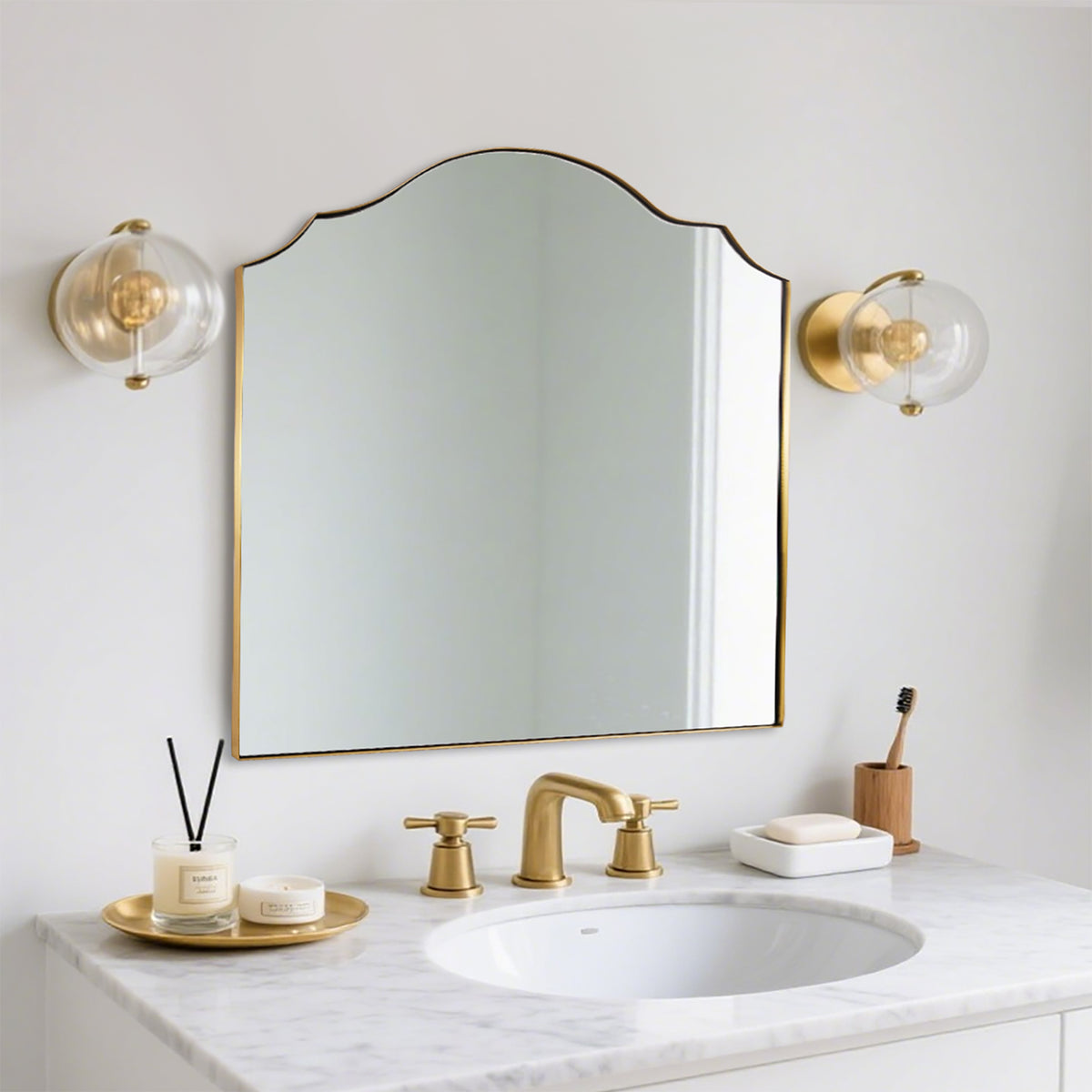 Contemporary Arched Curved Scalloped Mirror Bathroom Vanity Mirror | Stainless Steel Frame