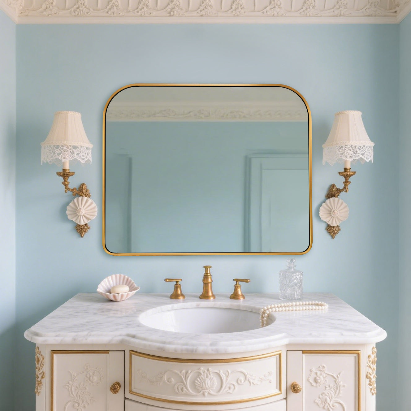 Bold-Frame Wide Arch Mantel Mirror Bathroom Vanity Mirror | Stainless Steel Frame