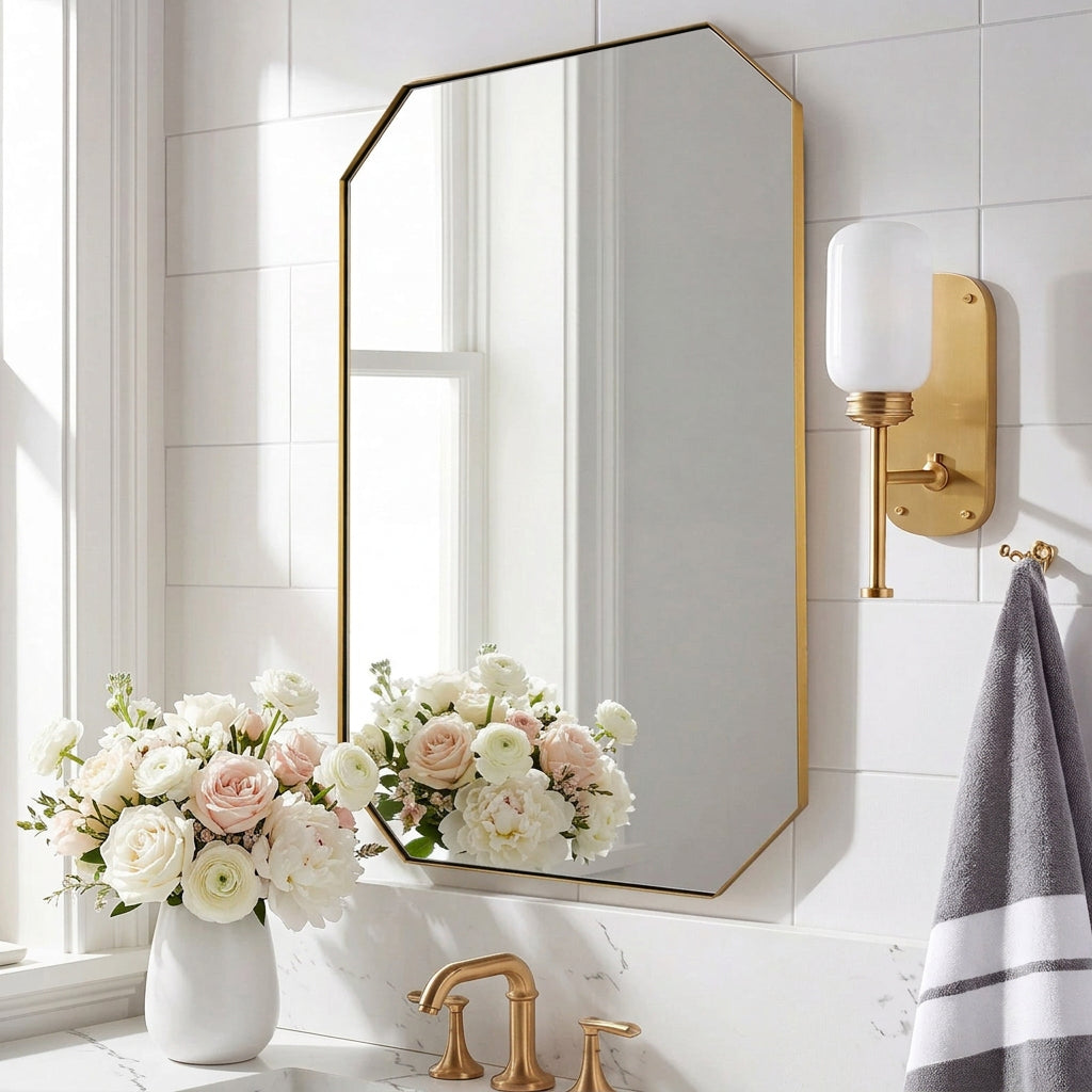 Modern Cut Corner Rectangle Mirror for Bathroom Vanity  |Stainless Steel Frame
