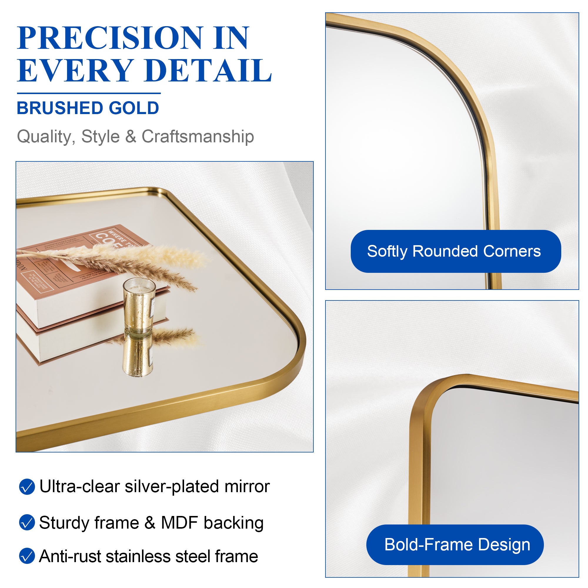 Bold-Frame Wide Arch Mantel Mirror Bathroom Vanity Mirror | Stainless Steel Frame