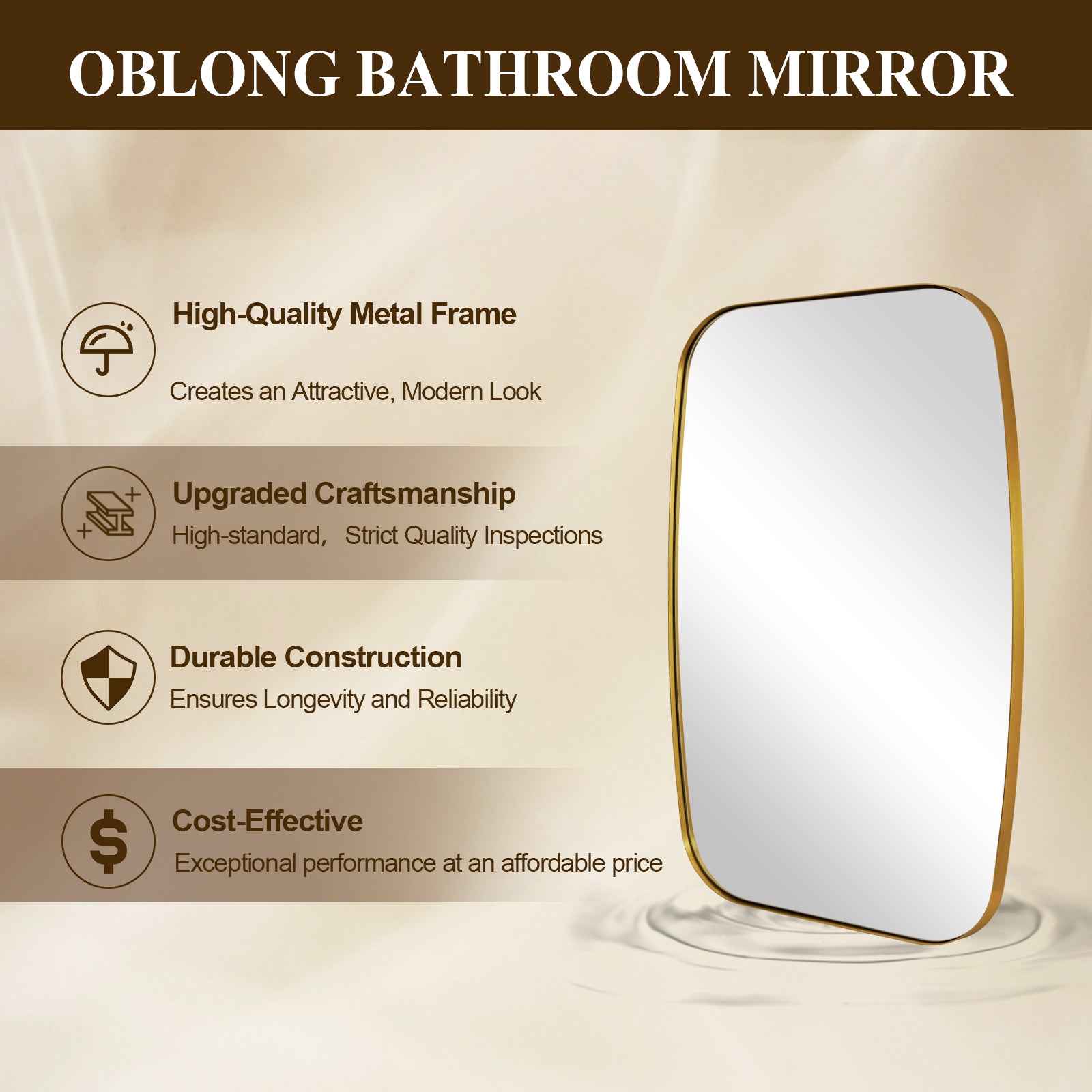 Modern Oblong Bathroom Mirror Long Oval Mirror | Stainless Steel Frame