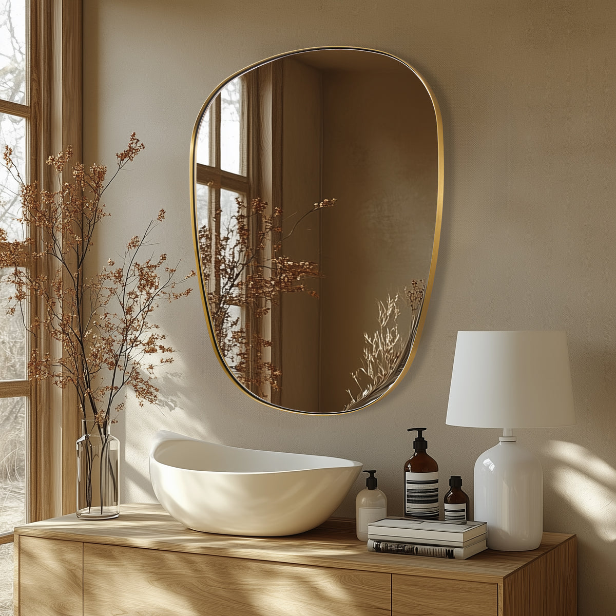 Contemporary Irregular Pebble Organic  Bathroom Wall Mirror Asymmetric Decorative Mirror | Stainless Steel Frame