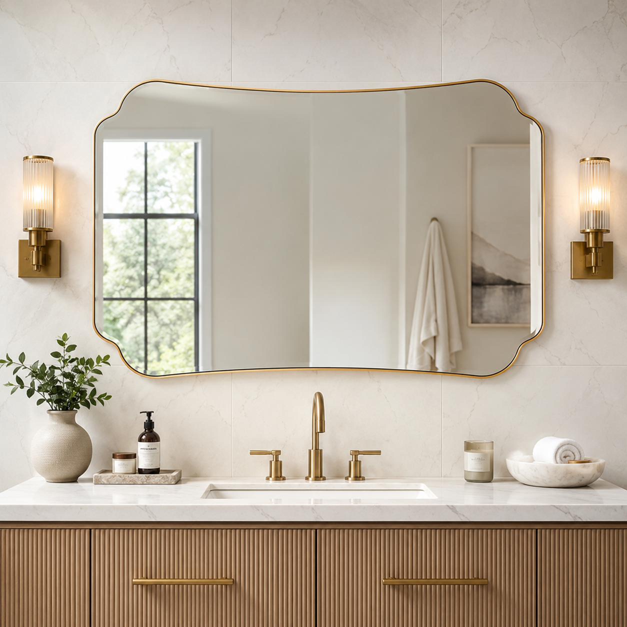 Contemporary Cut Corner Concave Edge Scalloped Bathroom Mirror | Stainless Steel Frame