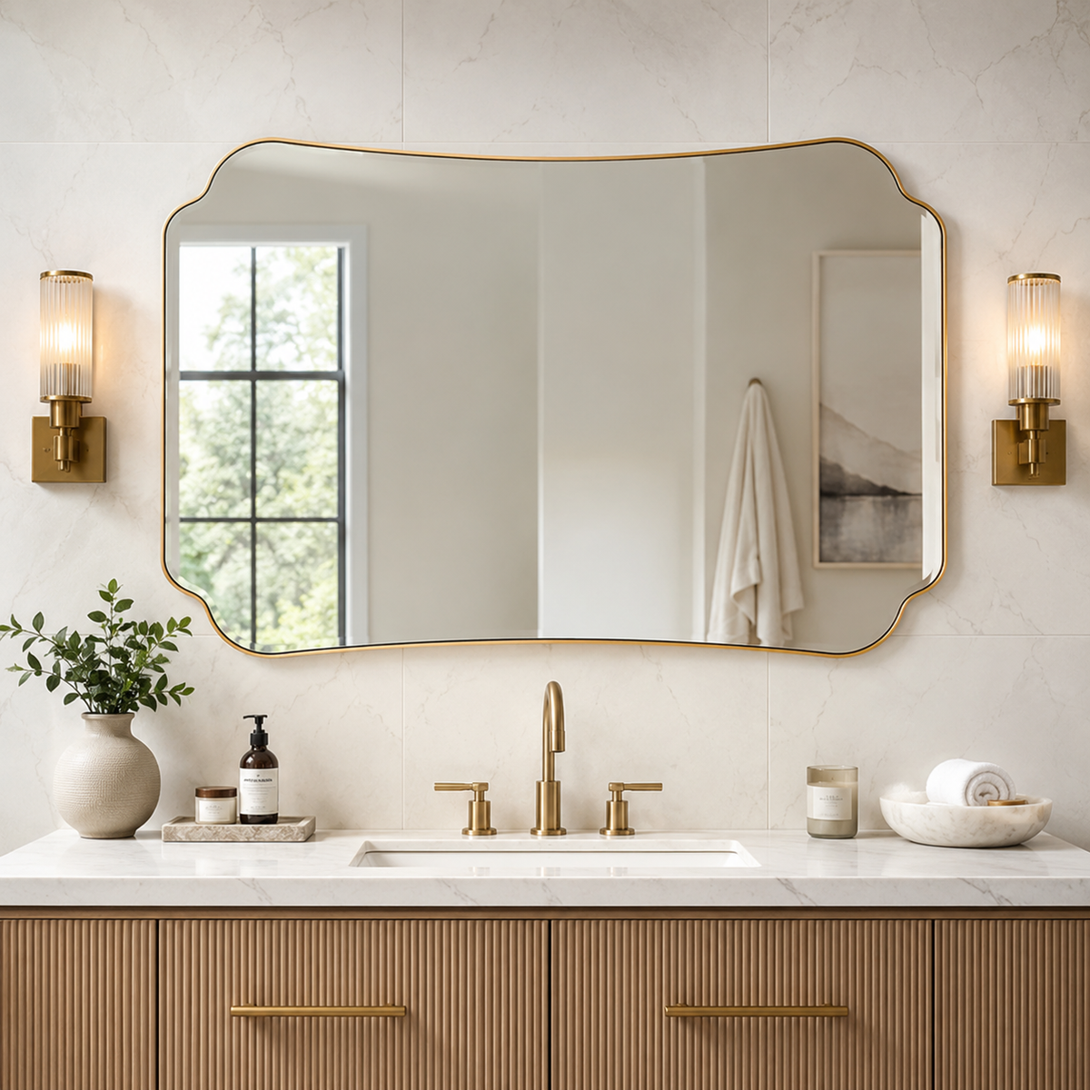 Contemporary Cut Corner Concave Edge Scalloped Bathroom Mirror | Stainless Steel Frame