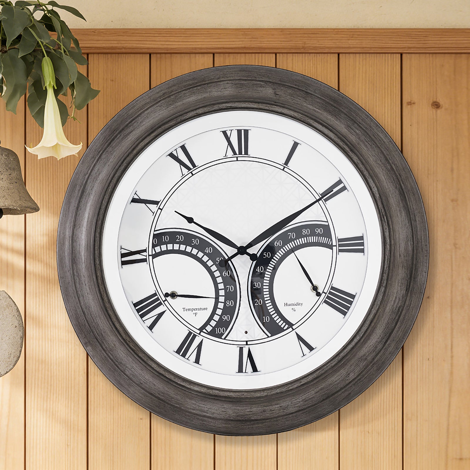 24 Inch Outdoor Wall Clock Large Waterproof Illuminated Clock with Thermometer,Geometric Dial