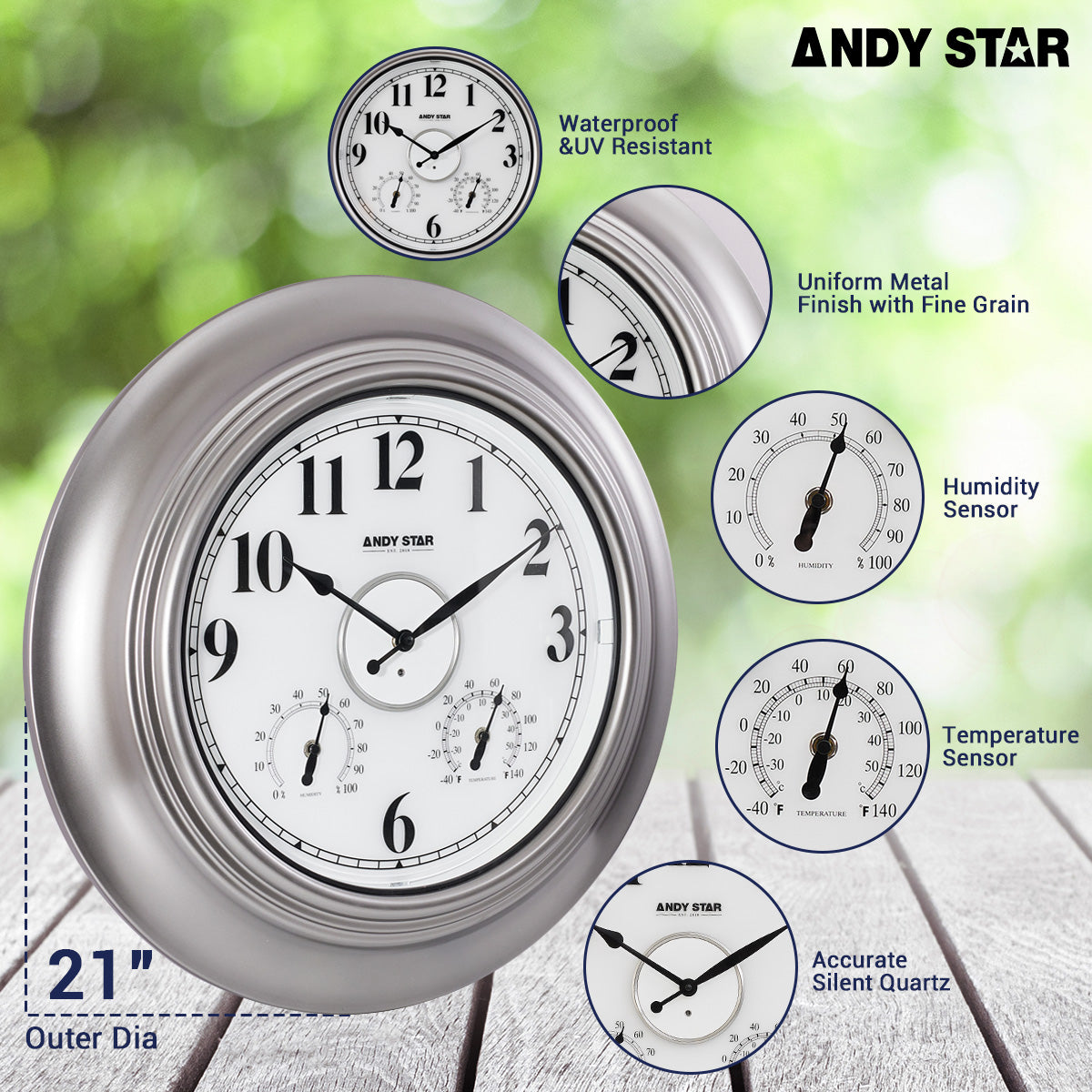 Modern Smart Illuminated Outdoor Wall Clock with Thermometer Weatherproof | Silver,21 inch