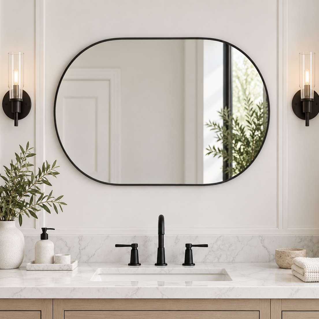 Modern Pill Shaped Capsule Wall Mirrors Long Oval Bathroom Vanity Mirror | Stainless Steel Frame