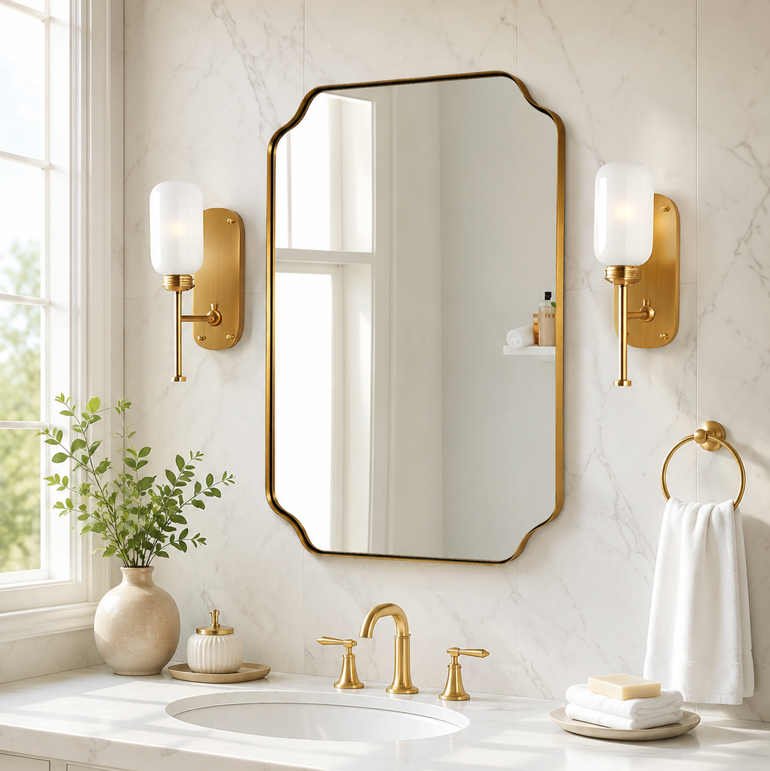 Contemporary Notched Corner Rectangle Scalloped Mirror for Wall /Bathroom | Stainless Steel Frame