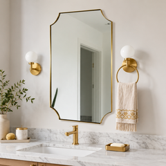 Modern Cut Corner Scalloped  Rectangle Bathroom Vanity Mirror | Stainless Steel Frame