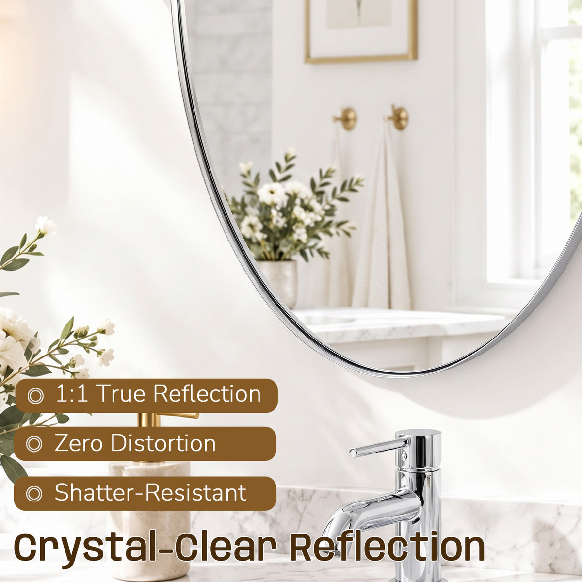 Oval Pivot Mirrors Adjustable Tilting Angle Floating  Bathroom Mirror| Stainless Steel Framed