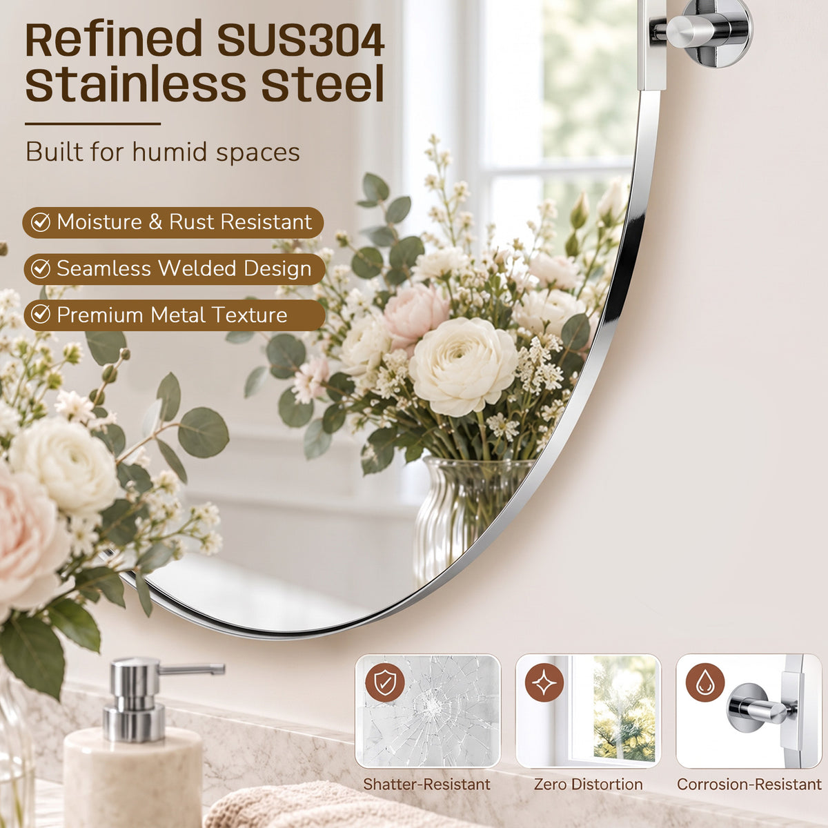 Oval Pivot Mirrors Adjustable Tilting Angle Floating  Bathroom Mirror| Stainless Steel Framed