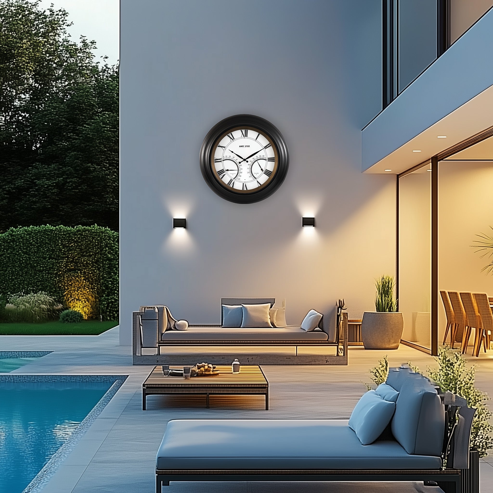 Contemporary Large Outdoor Wall Clock with Thermometer Waterproof Illuminated,24 Inch