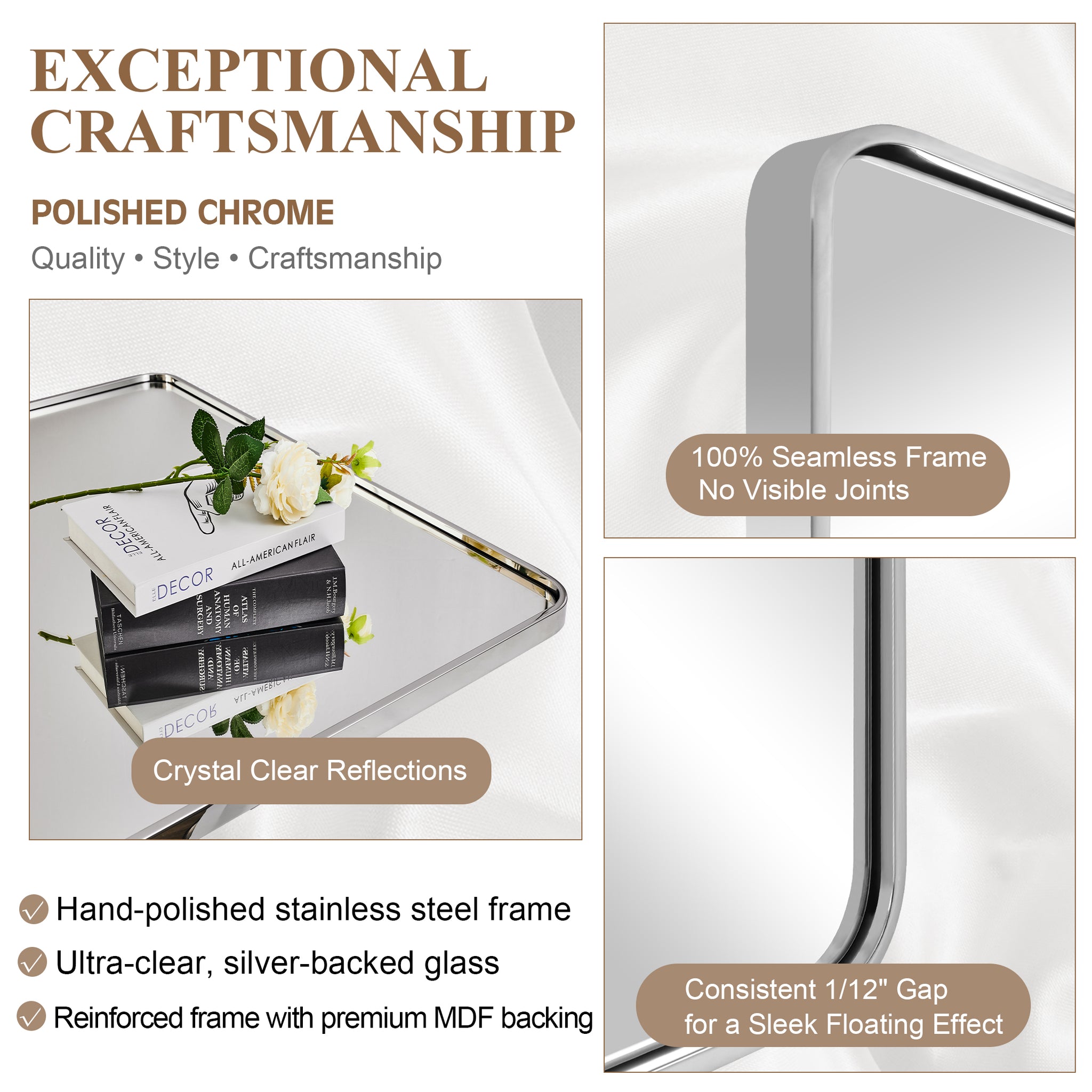 Contemporary Rounded Rectangular Bathroom Wall Mirror |Thicker Stainless Steel Framed