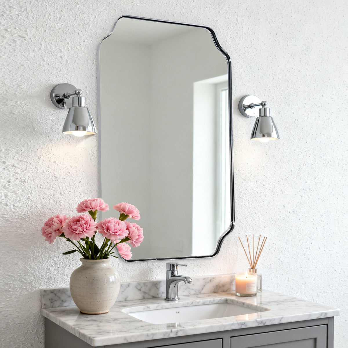 Modern Cut Corner Rectangle Scalloped Mirror for Wall /Bathroom | Stainless Steel Frame