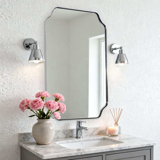 Contemporary Notched Corner Rectangle Scalloped Mirror for Wall /Bathroom | Stainless Steel Frame