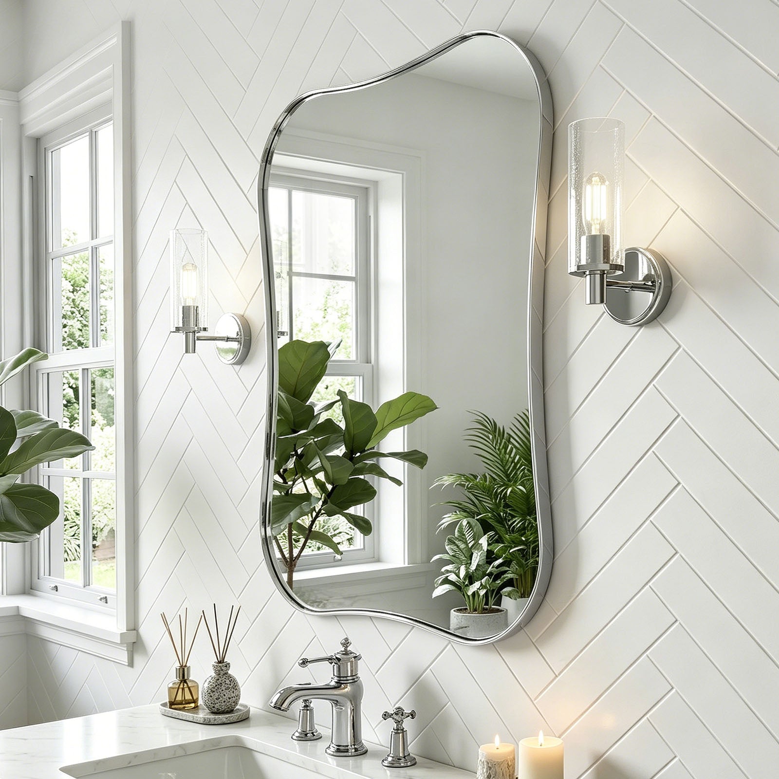 Contemporary Dual  Concave Edge Rouded Scalloped Rectangle Wall Mirror | Stainless Steel Frame