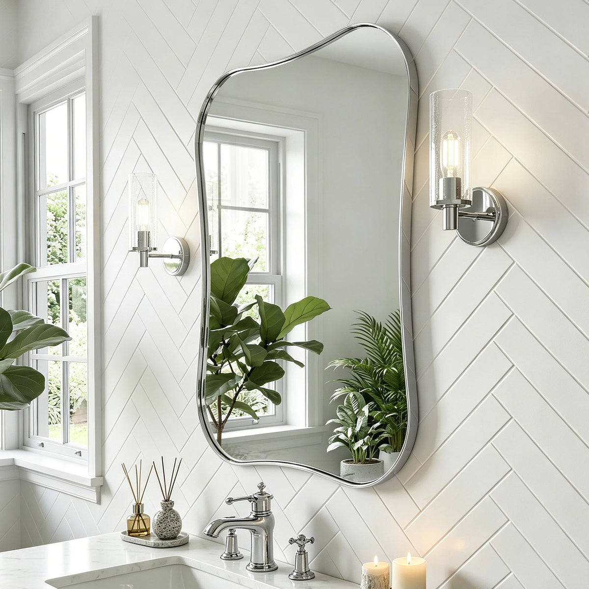Contemporary Dual  Concave Edge Rouded Scalloped Rectangle Wall Mirror | Stainless Steel Frame