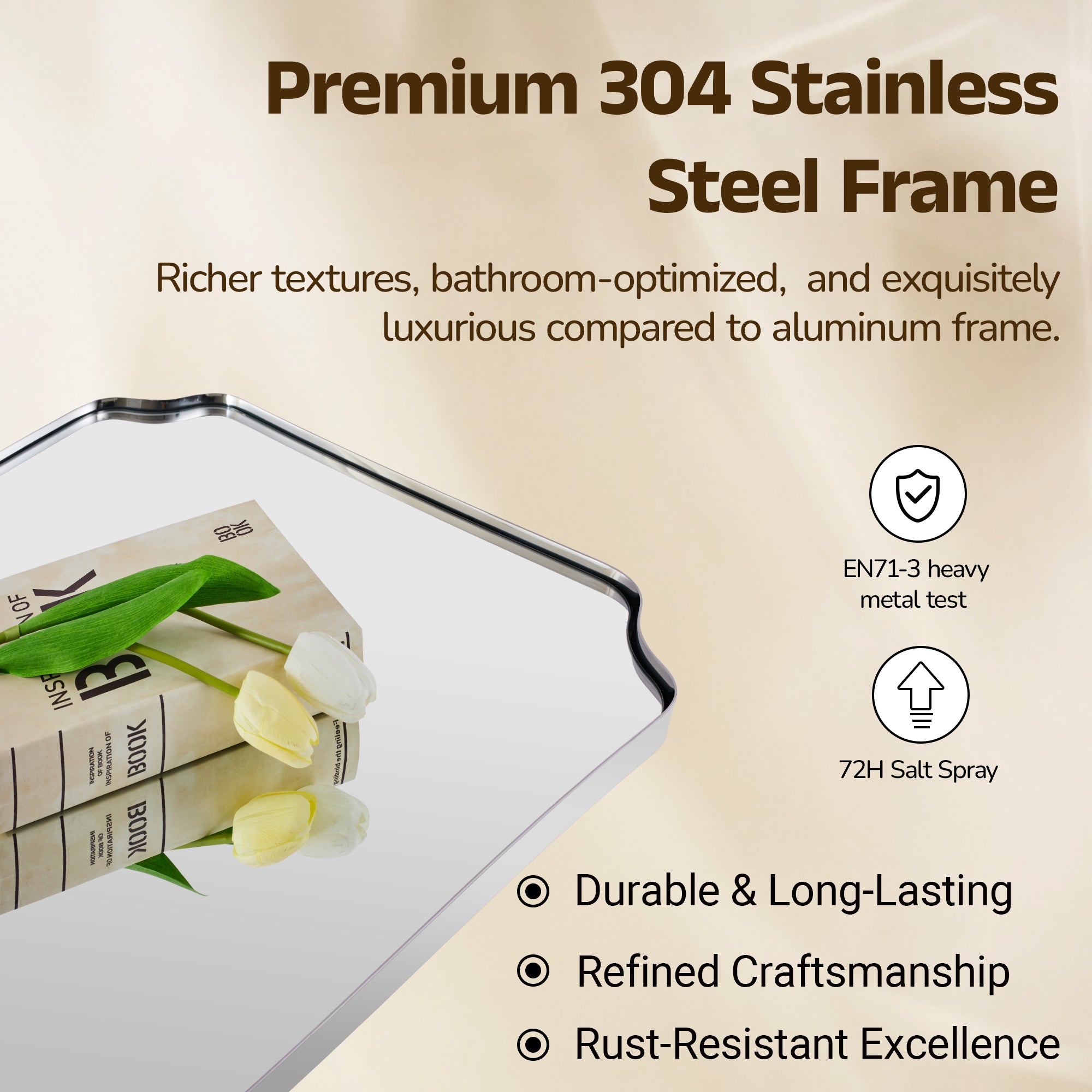 Contemporary Notched Corner Rectangle Scalloped Mirror for Wall /Bathroom | Stainless Steel Frame