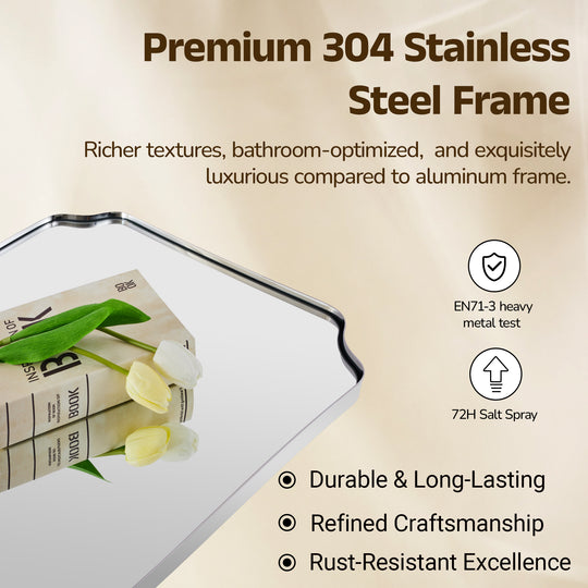 Contemporary Notched Corner Rectangle Scalloped Mirror for Wall /Bathroom | Stainless Steel Frame