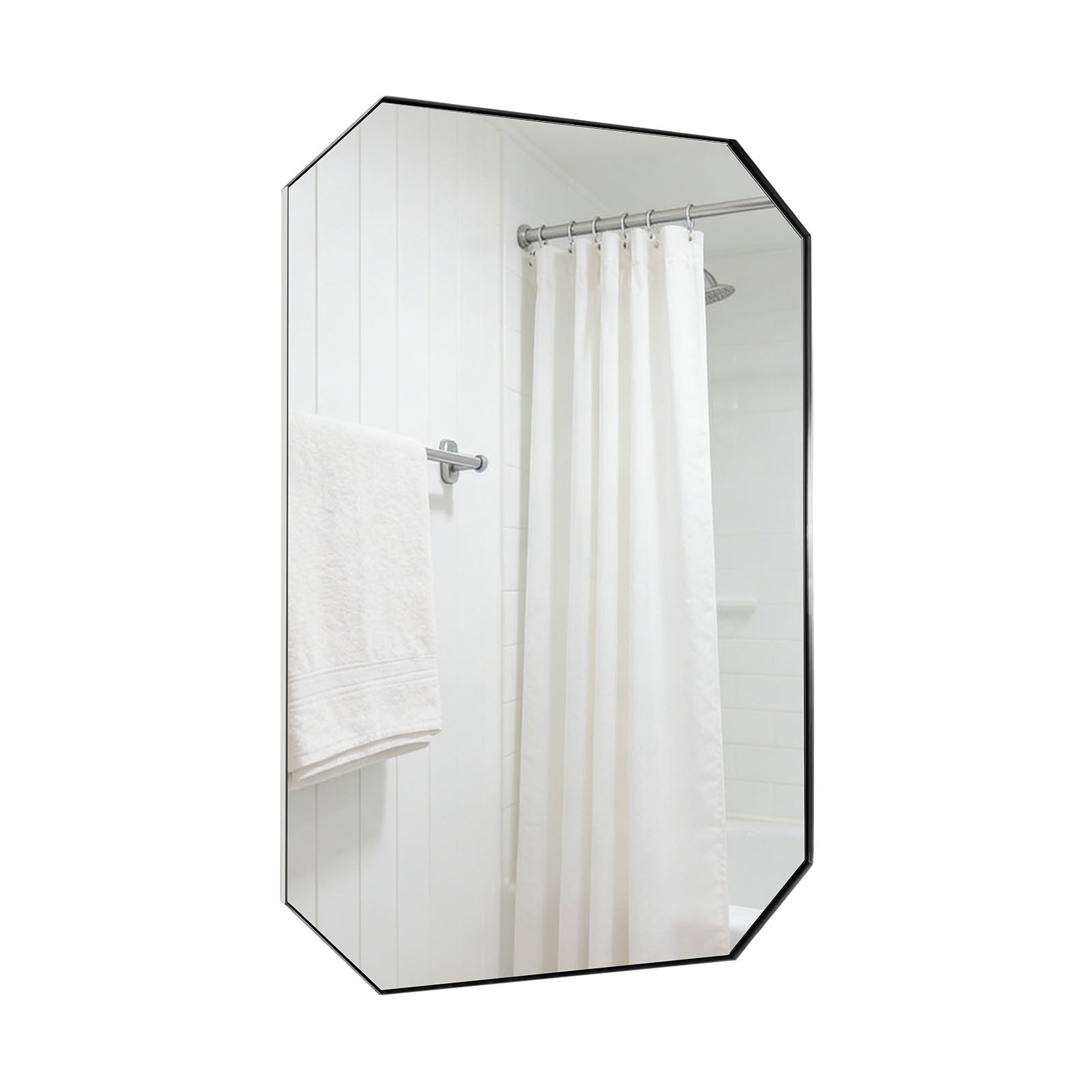 Contemporary Cut Corner Octagonal Scalloped Rectangle Mirror for Bathroom  |Stainless Steel Frame