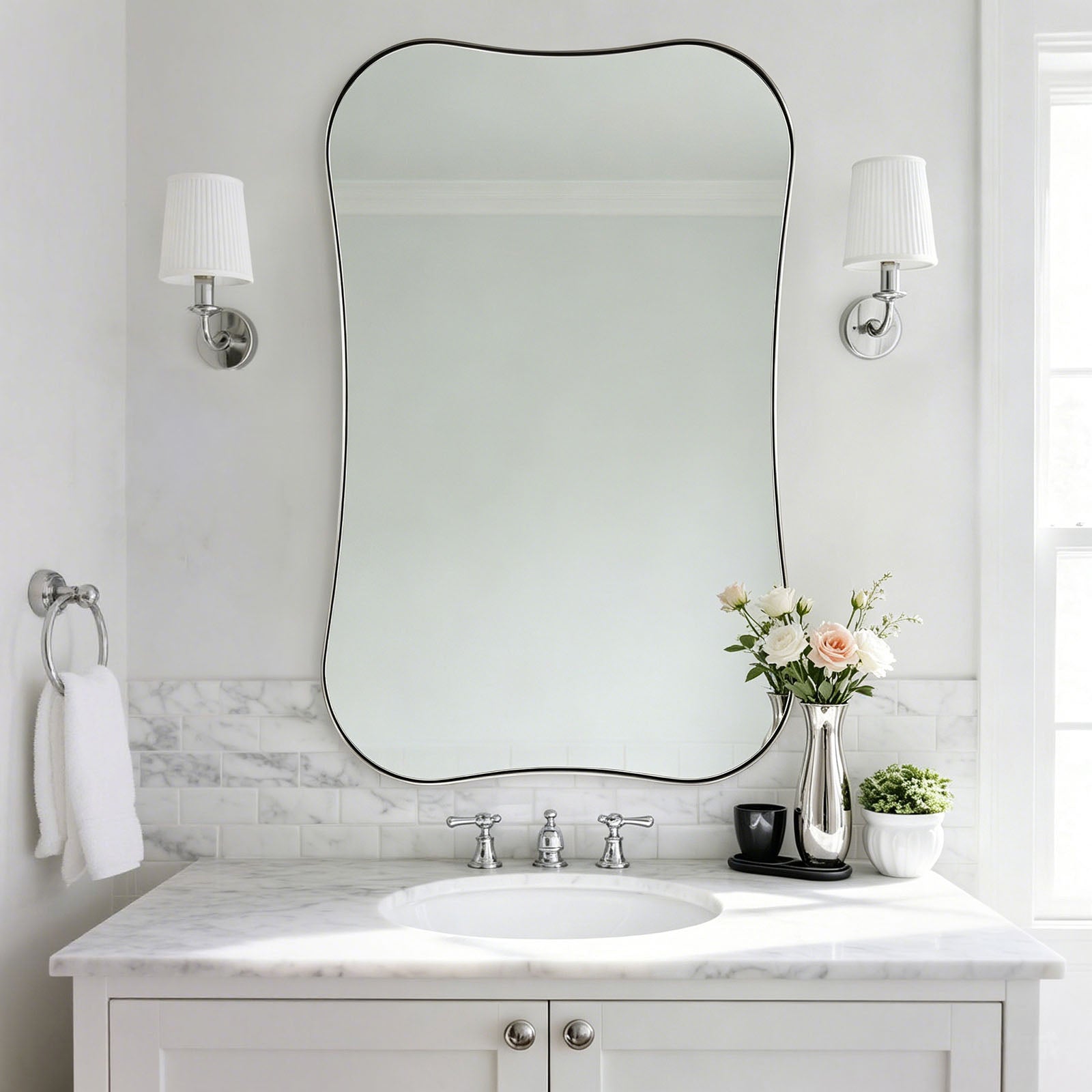 Contemporary Dual  Concave Edge Rouded Scalloped Rectangle Wall Mirror | Stainless Steel Frame